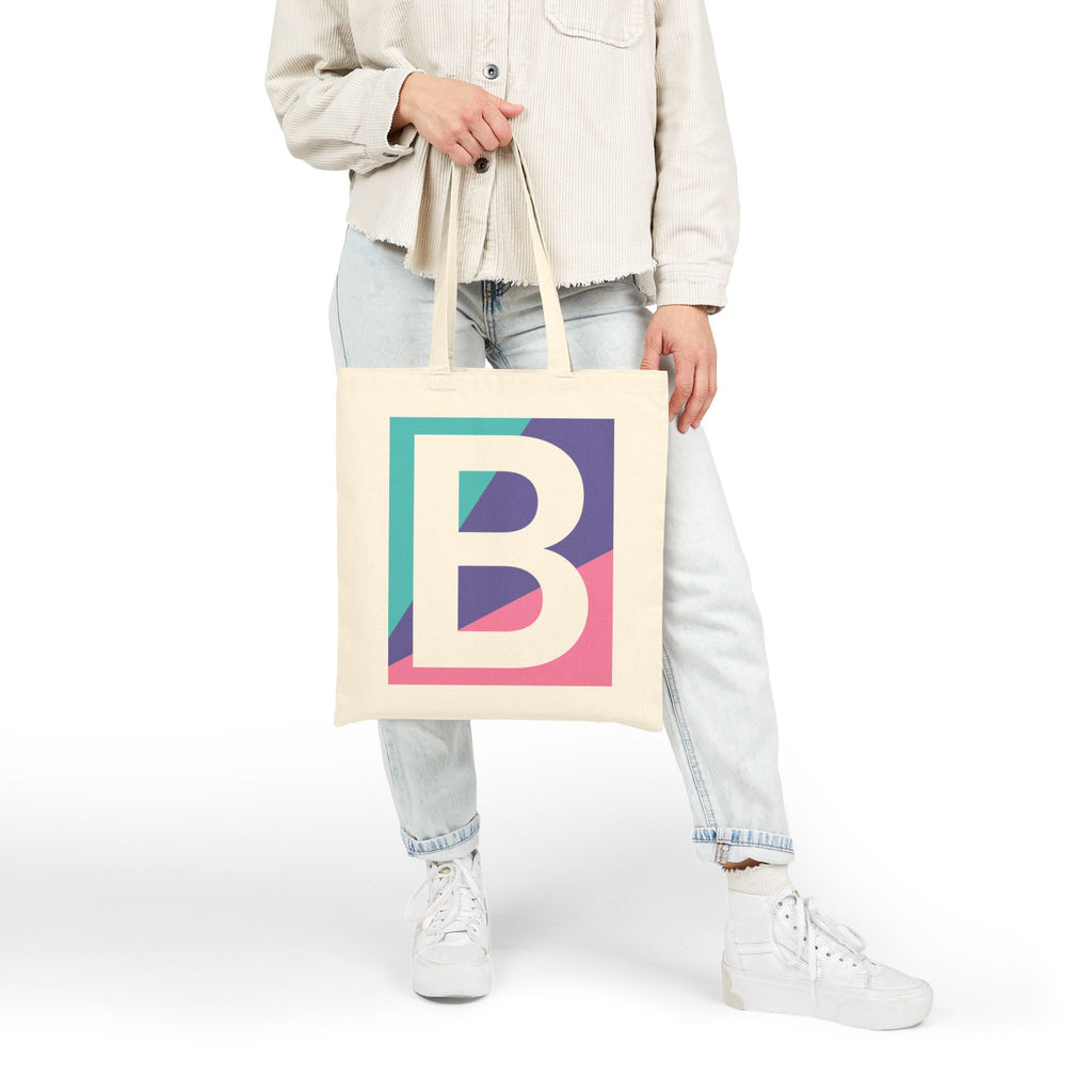 Initial B Colorblock Canvas Tote Bag — Monogram Letter B Reusable Grocery Tote