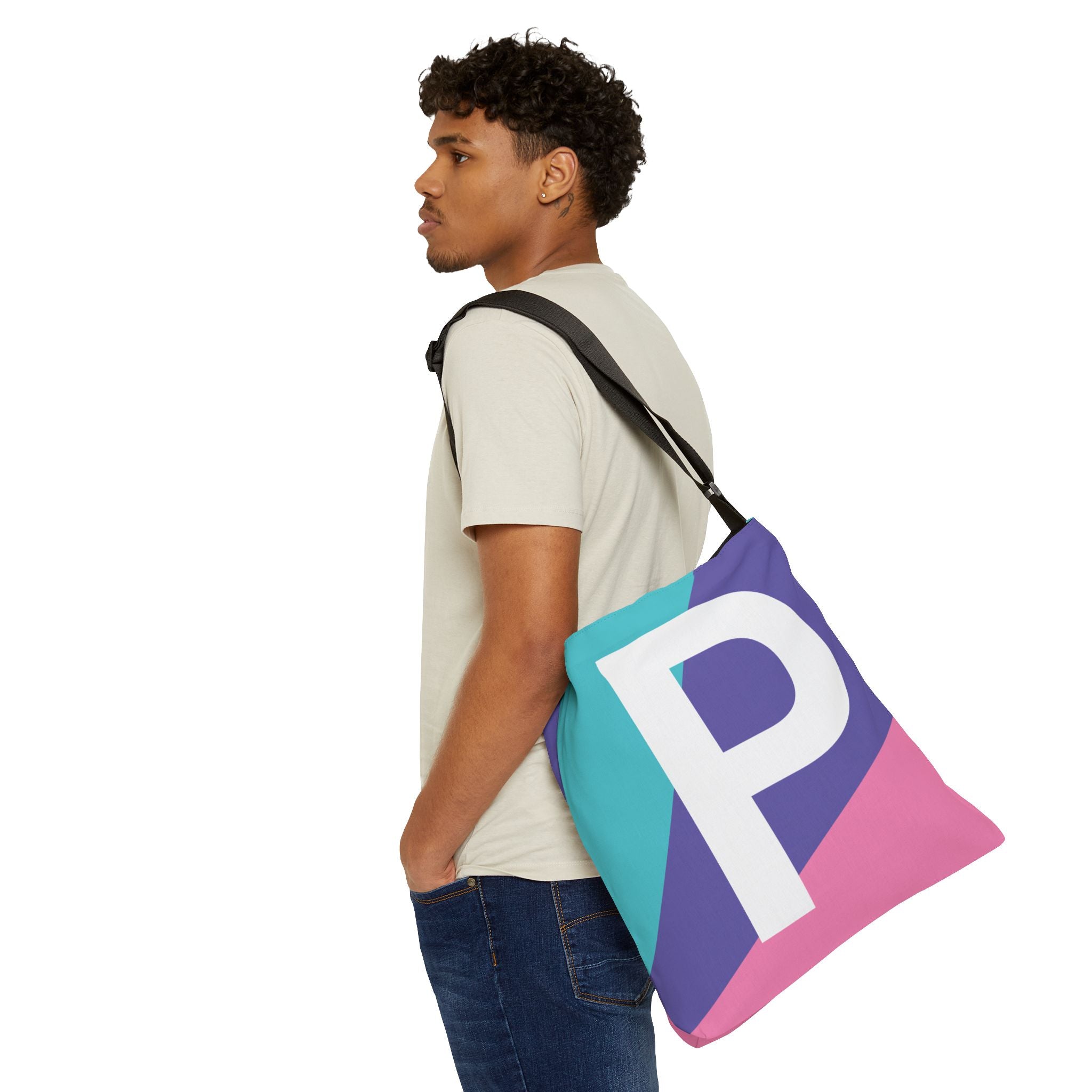 Initial Letter 'P' Colorblock Adjustable Tote Bag — Monogram Alphabet Shoulder Bag