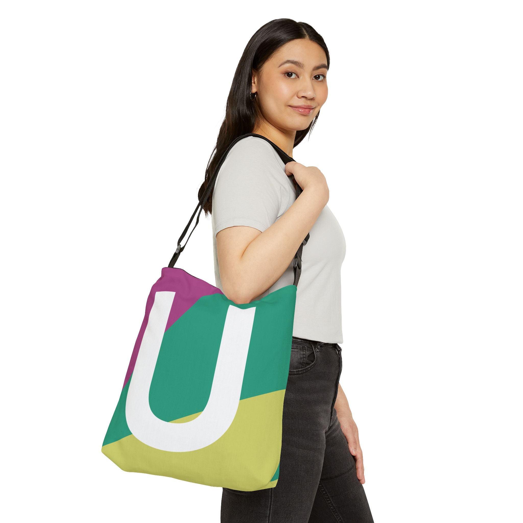 Initial Letter 'U' Colorblock Adjustable Tote Bag — Monogram Alphabet Shoulder Bag