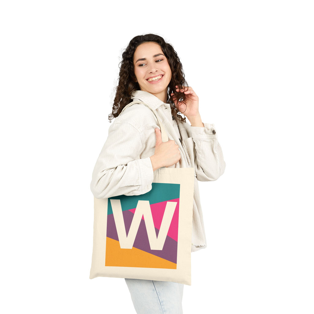 Initial W Colorblock Canvas Tote Bag — Monogram Letter W Reusable Grocery Tote