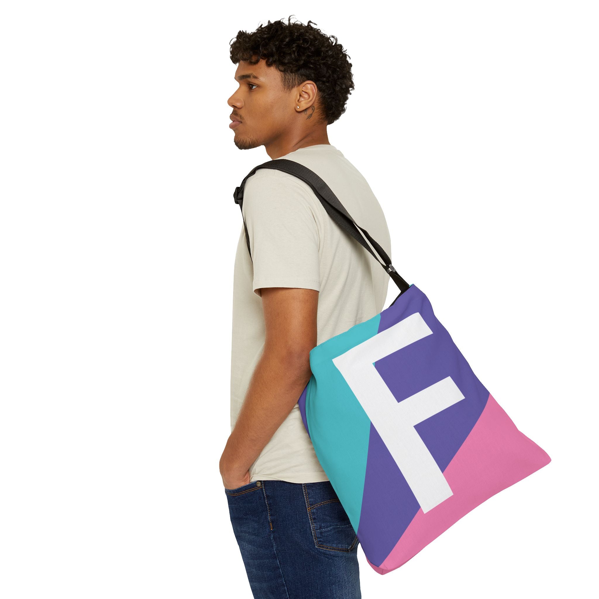 Initial Letter 'F' Colorblock Adjustable Tote Bag — Monogram Alphabet Shoulder Bag