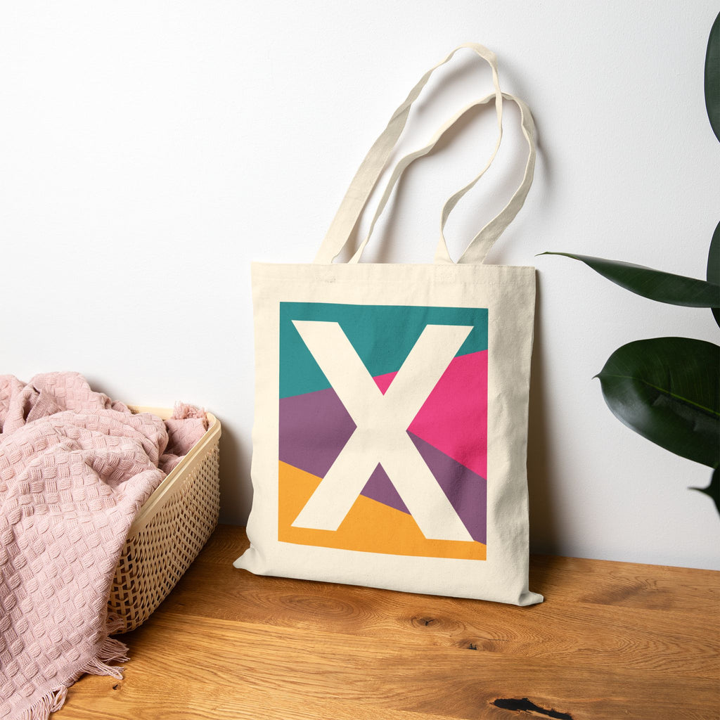 Initial X Colorblock Canvas Tote Bag — Monogram Letter X Reusable Grocery Tote