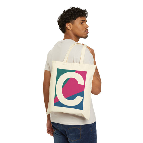 Initial C Colorblock Canvas Tote Bag — Monogram Letter C Reusable Grocery Tote