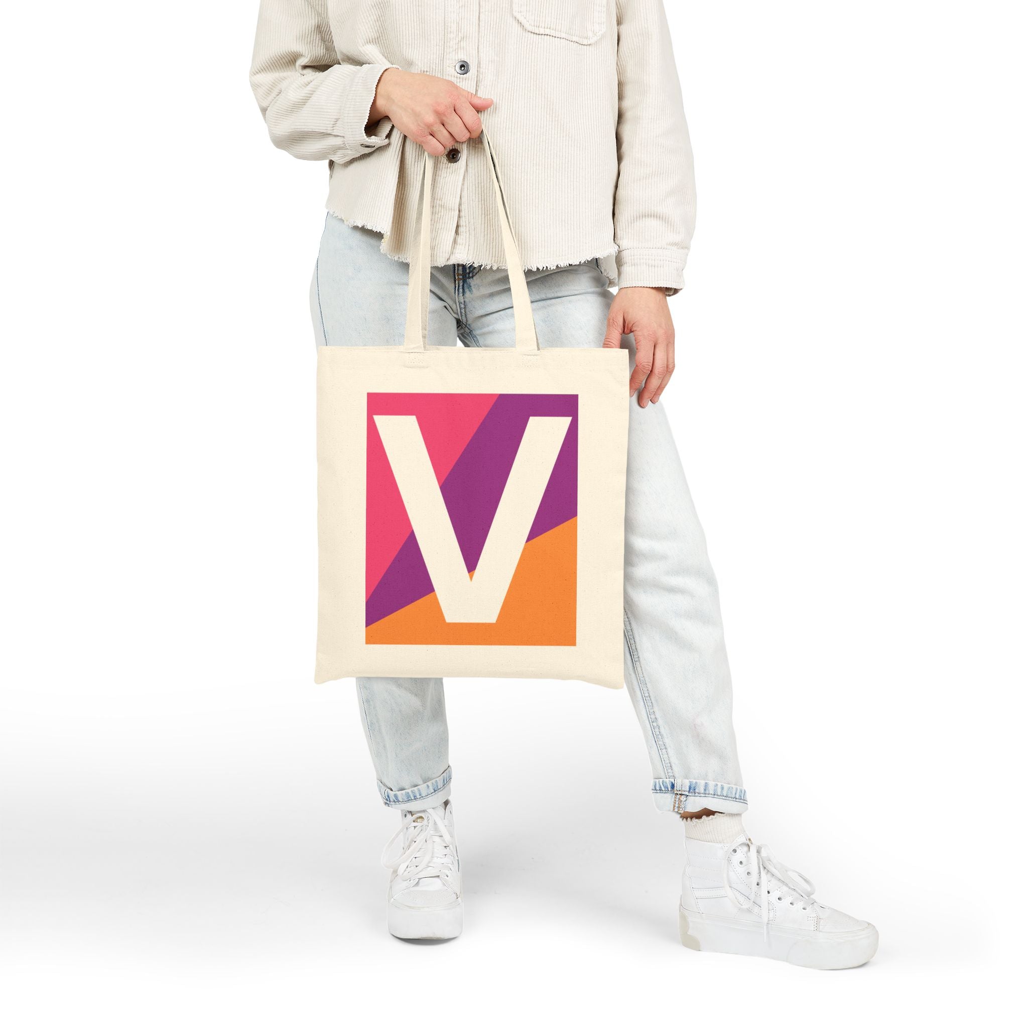 Initial V Colorblock Canvas Tote Bag — Monogram Letter V Reusable Grocery Tote