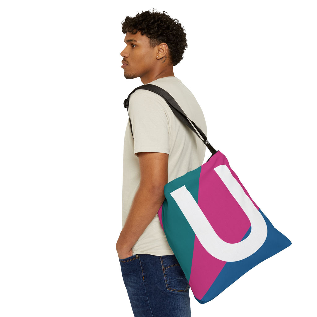 Initial Letter 'U' Colorblock Adjustable Tote Bag — Monogram Alphabet Shoulder Bag