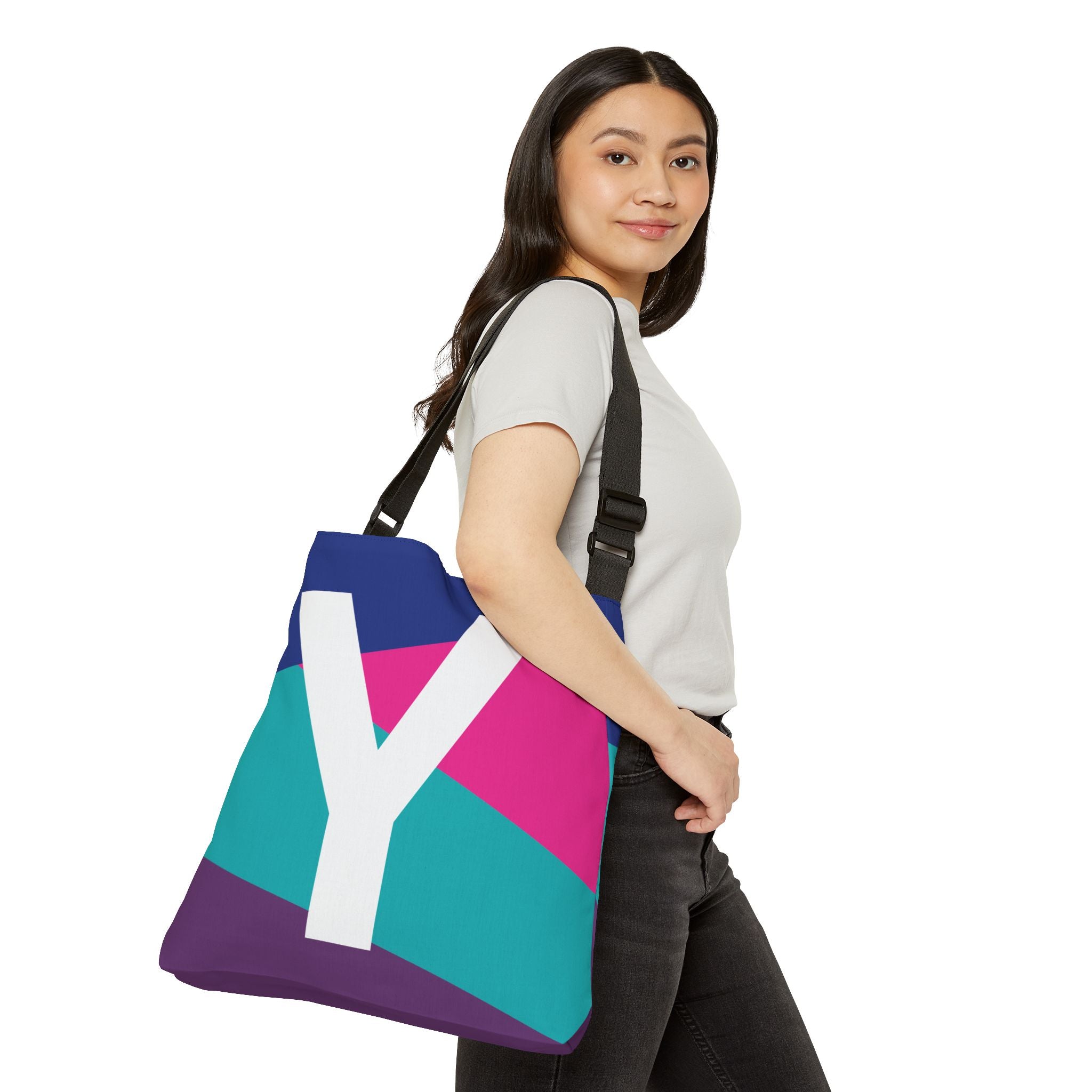 Initial Letter 'Y' Colorblock Adjustable Tote Bag — Monogram Alphabet Shoulder Bag