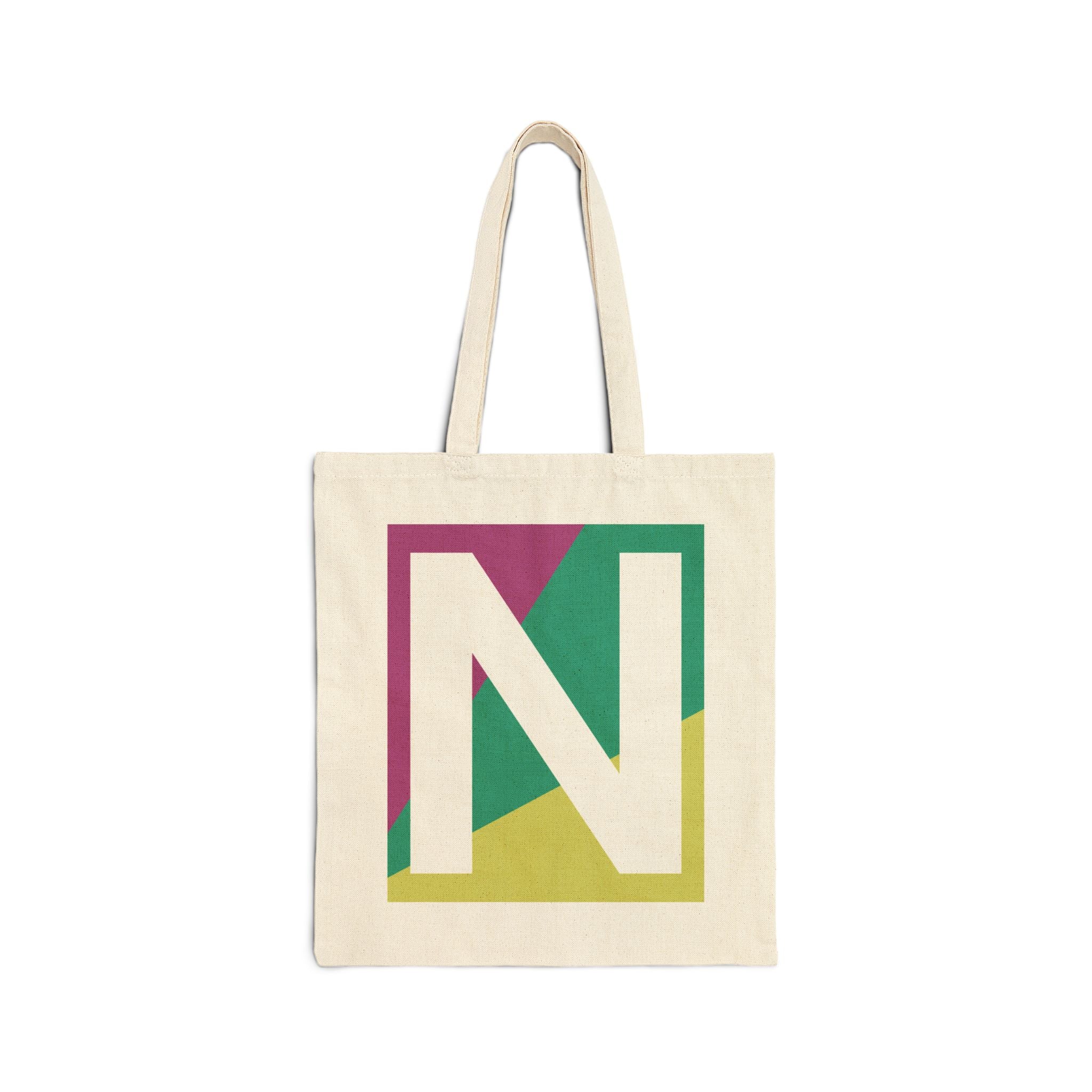 Initial N Colorblock Canvas Tote Bag — Monogram Letter N Reusable Grocery Tote