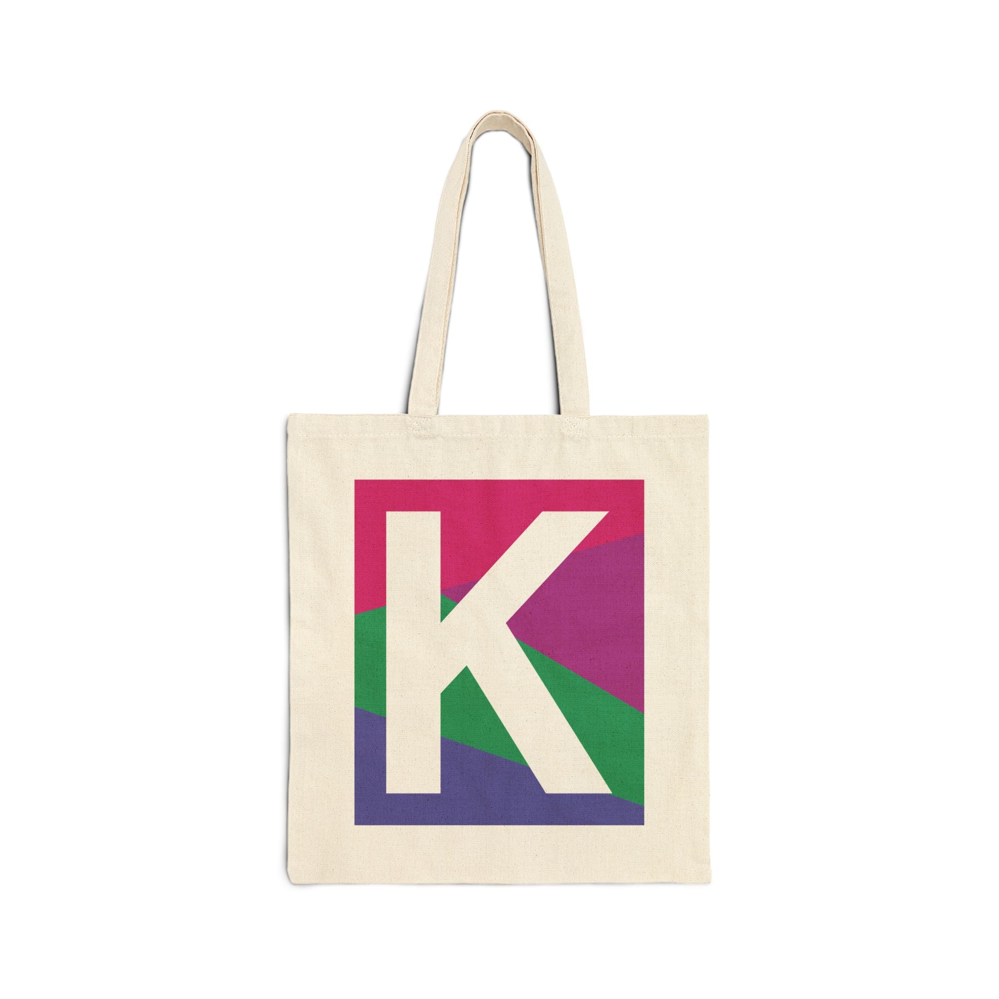 Initial K Colorblock Canvas Tote Bag — Monogram Letter K Reusable Grocery Tote