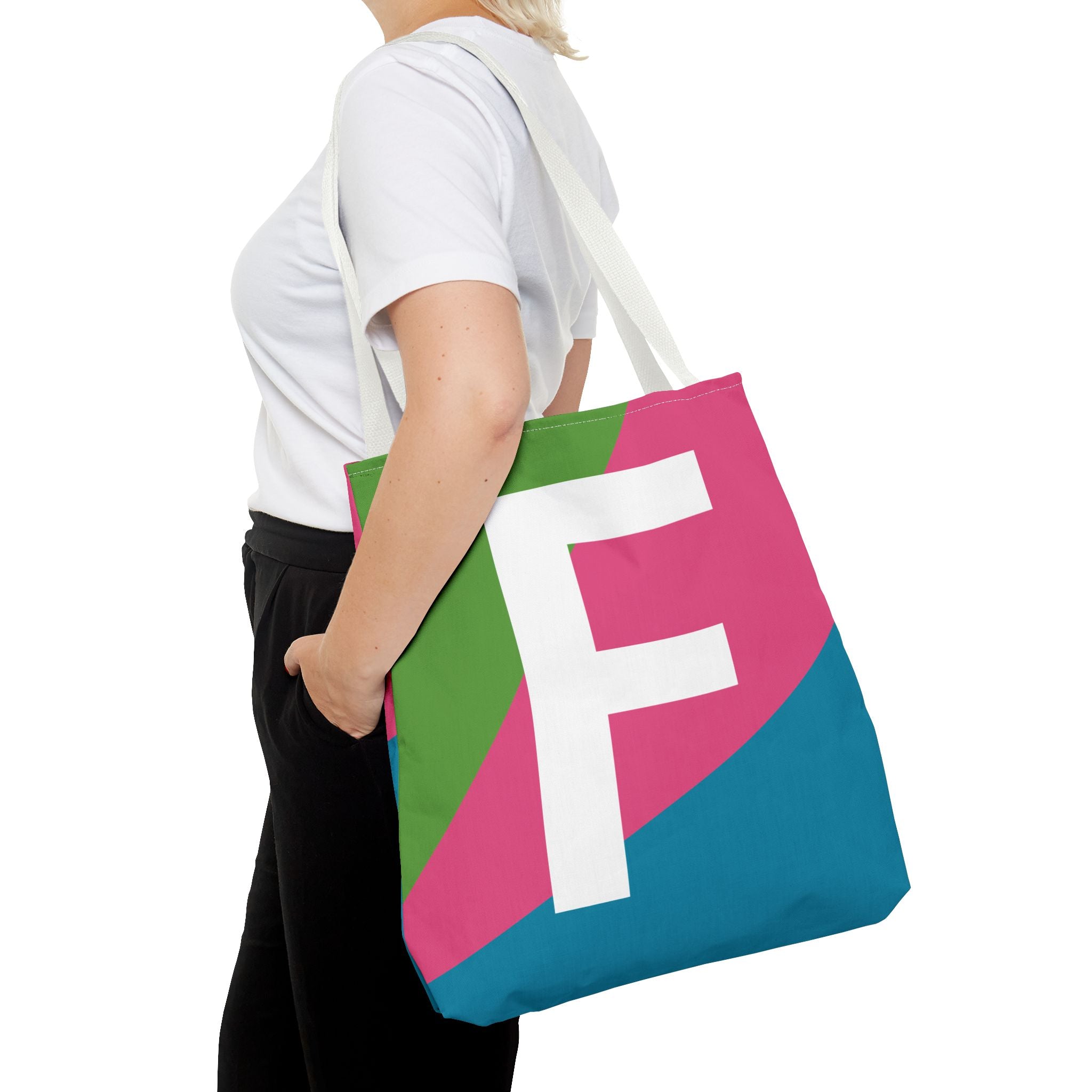 Monogram 'F' Colorblock Tote Bag — Personalized Initial F Shoulder Tote