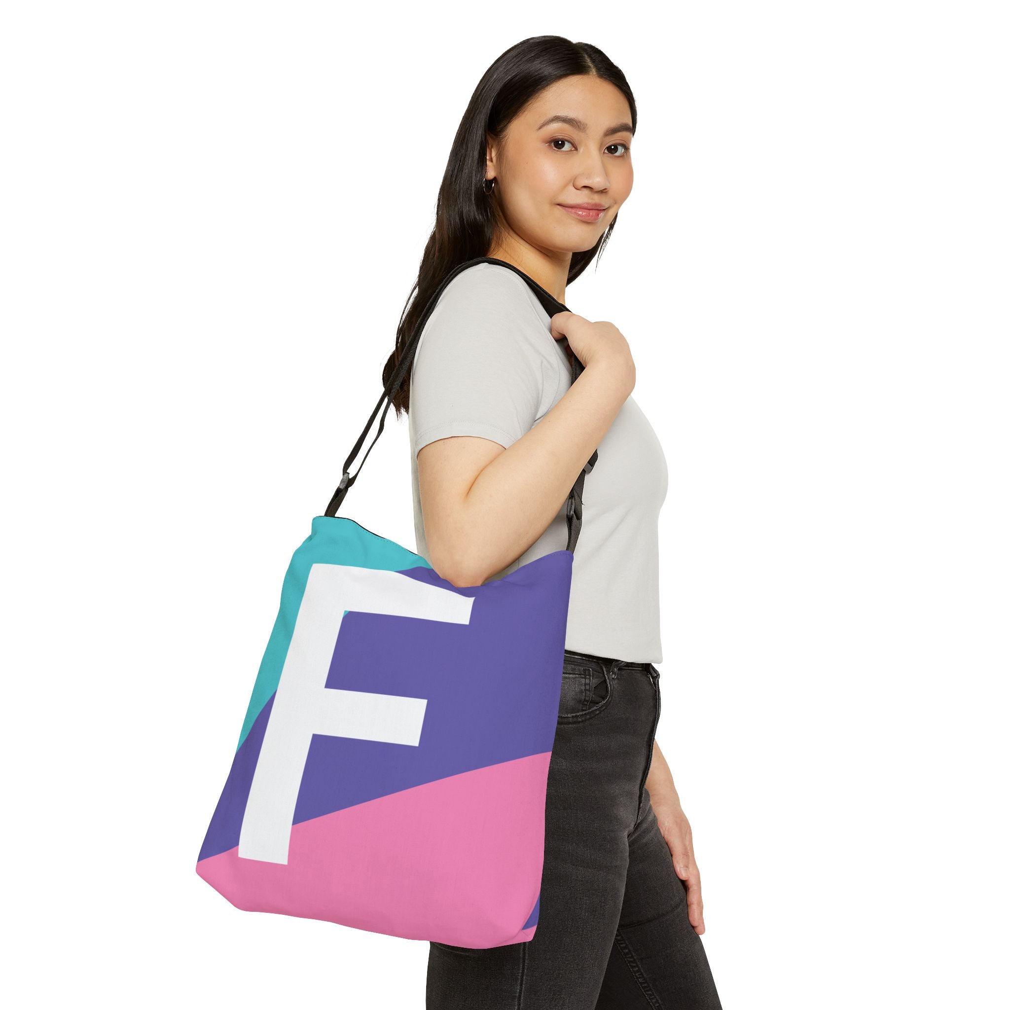 Initial Letter 'F' Colorblock Adjustable Tote Bag — Monogram Alphabet Shoulder Bag