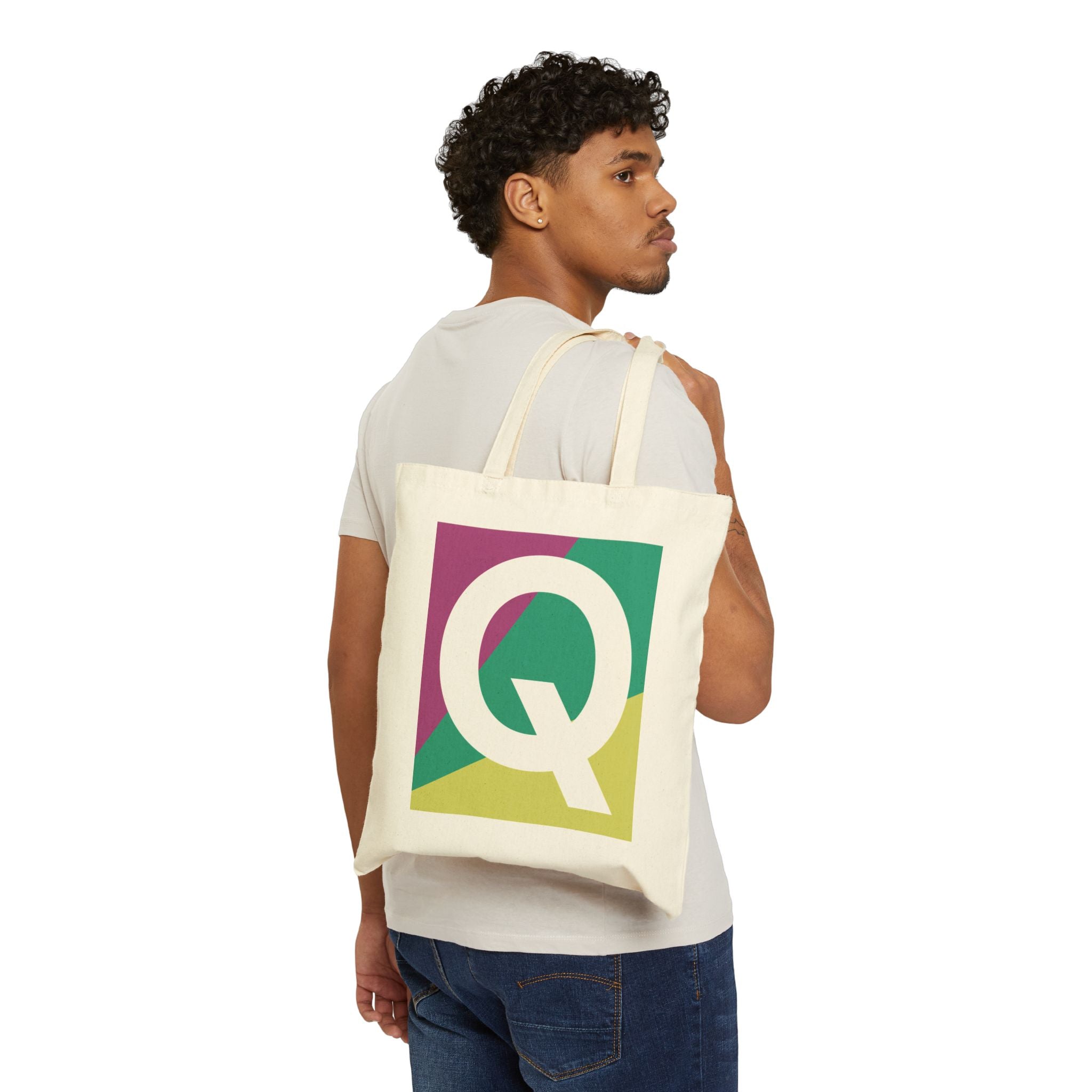 Initial Q Colorblock Canvas Tote Bag — Monogram Letter Q Reusable Grocery Tote