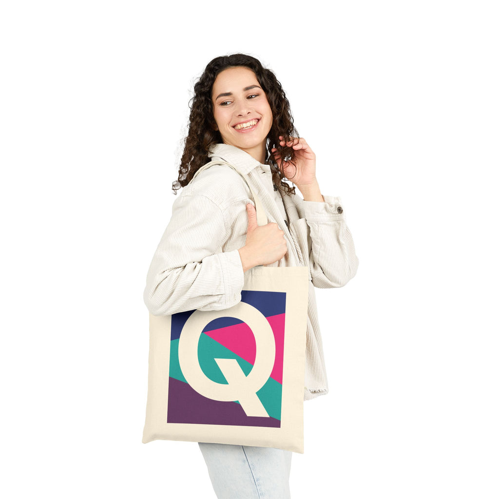 Initial Q Colorblock Canvas Tote Bag — Monogram Letter Q Reusable Grocery Tote