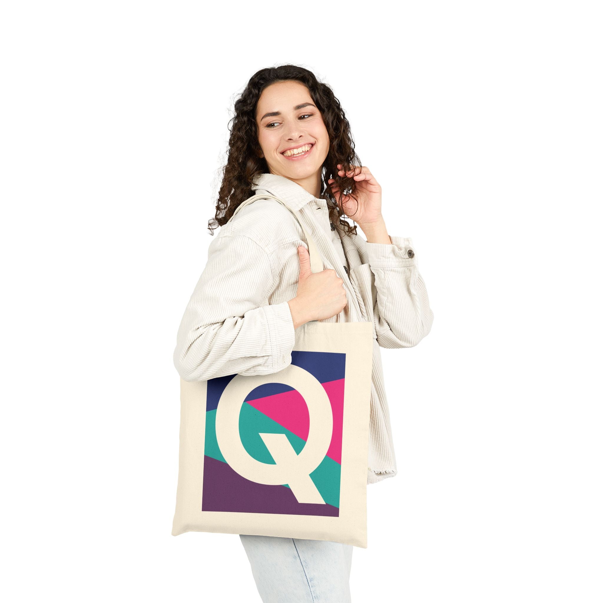 Initial Q Colorblock Canvas Tote Bag — Monogram Letter Q Reusable Grocery Tote