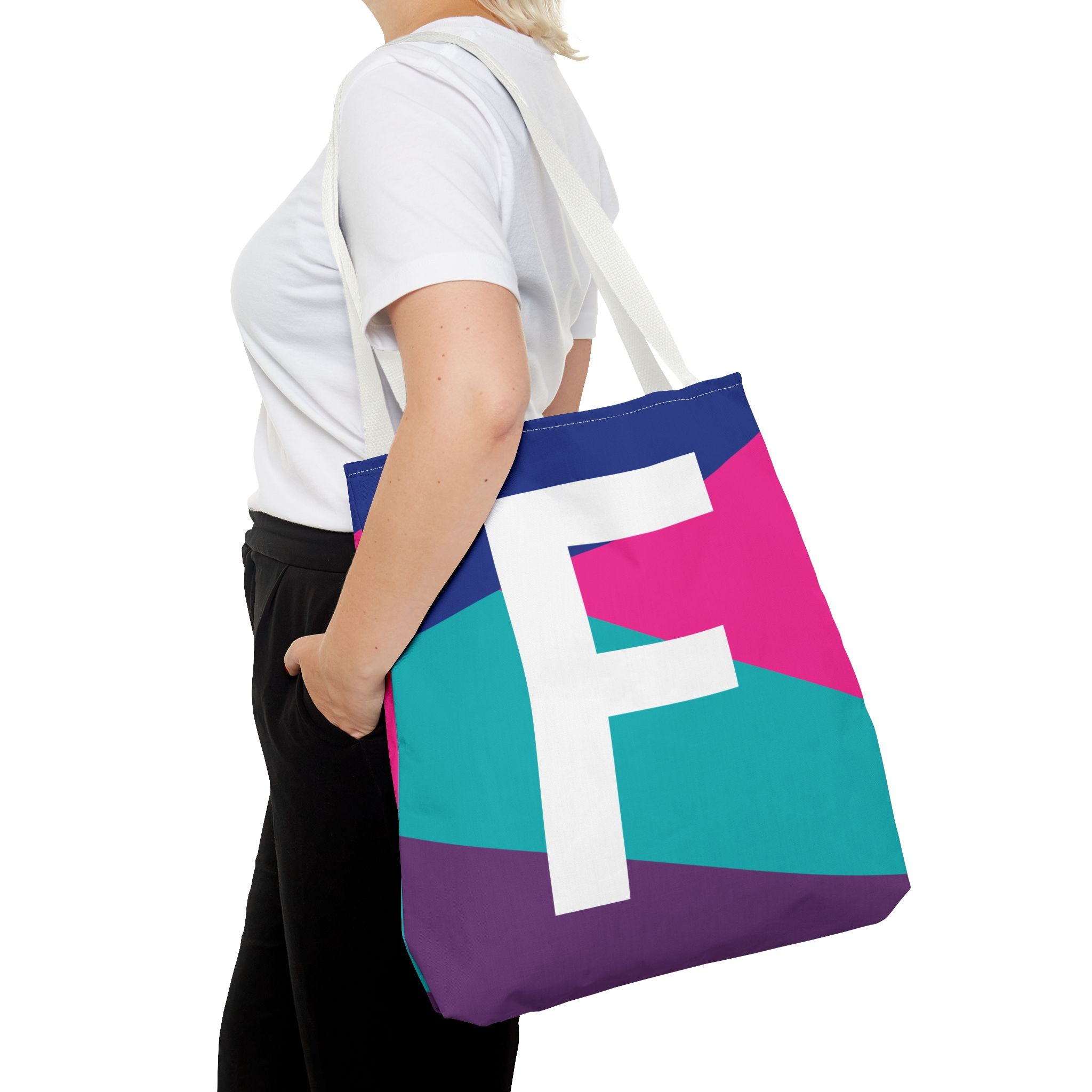Monogram 'F' Colorblock Tote Bag — Personalized Initial F Shoulder Tote