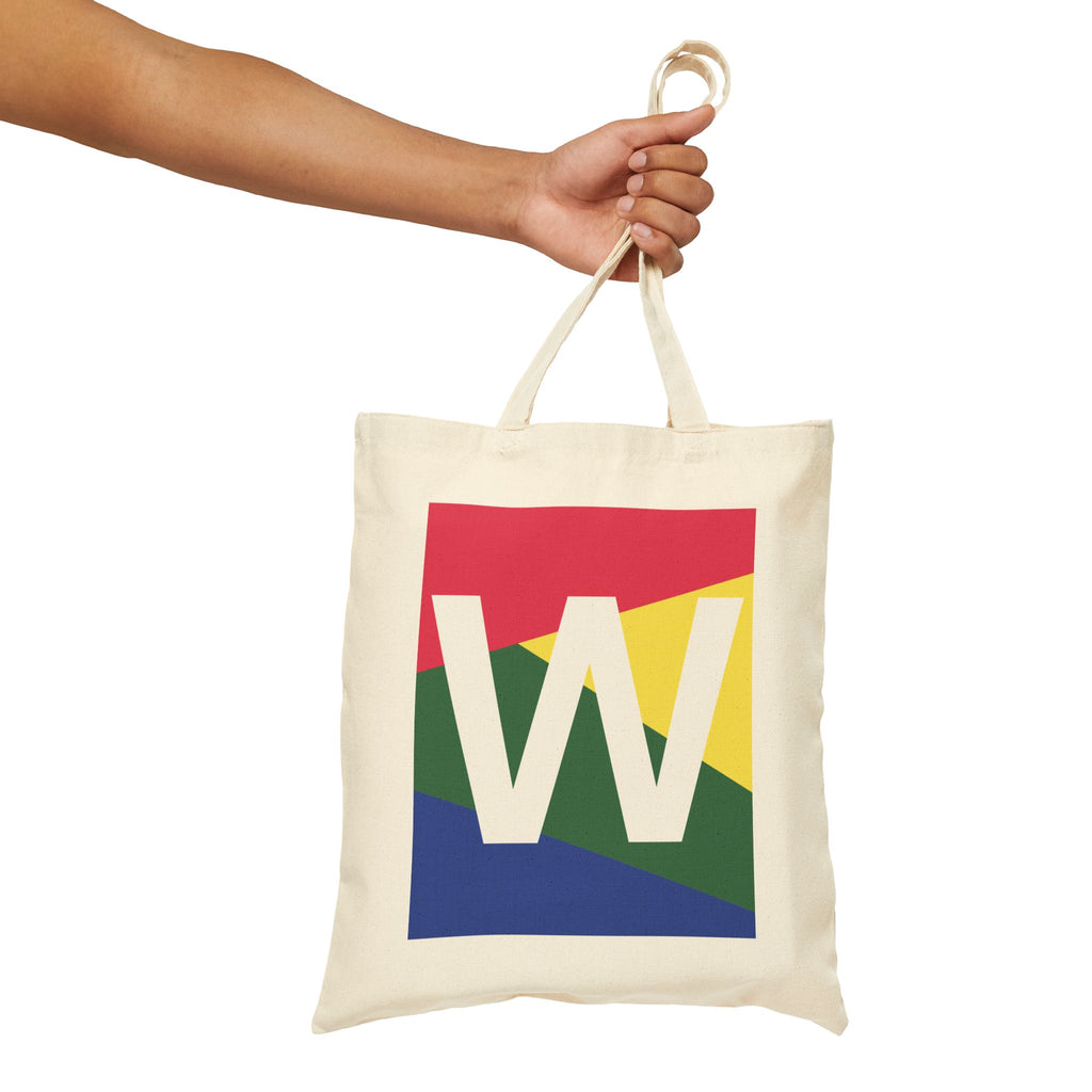 Initial W Colorblock Canvas Tote Bag — Monogram Letter W Reusable Grocery Tote