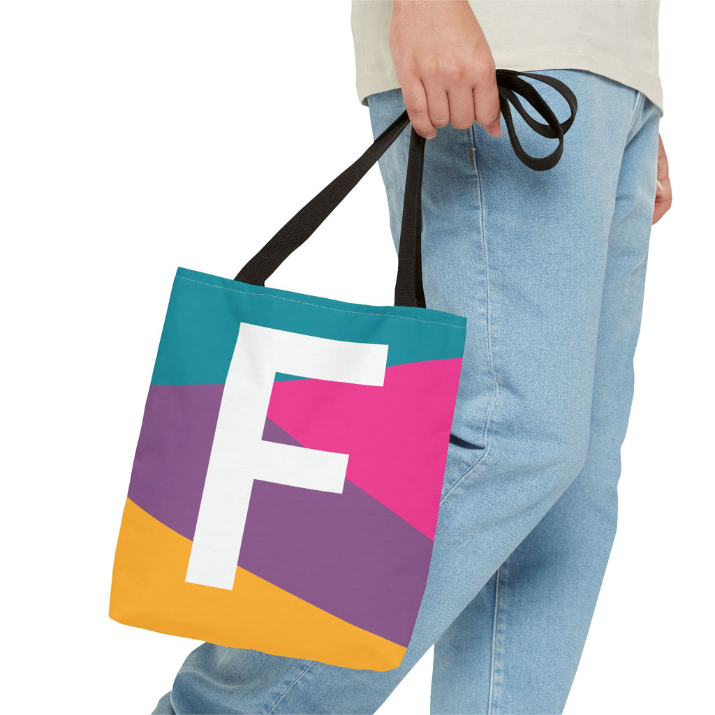 Monogram 'F' Colorblock Tote Bag — Personalized Initial F Shoulder Tote