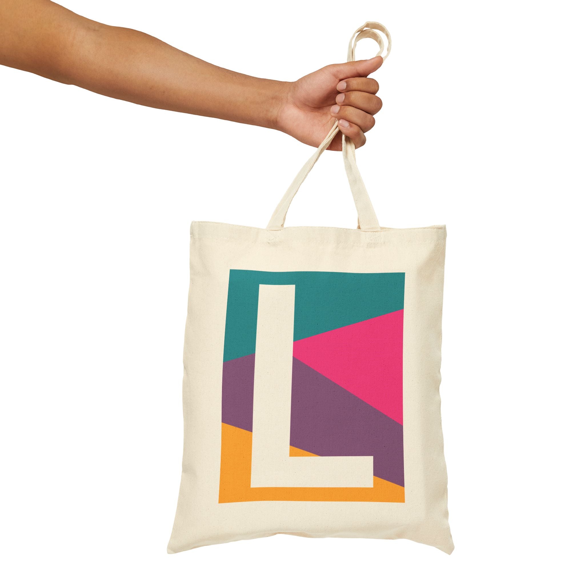 Initial L Colorblock Canvas Tote Bag — Monogram Letter L Reusable Grocery Tote