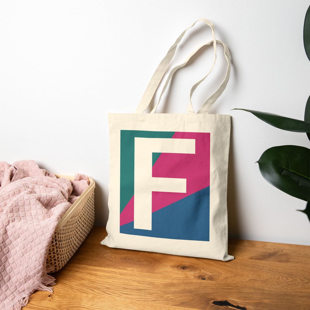 Initial F Colorblock Canvas Tote Bag — Monogram Letter F Reusable Grocery Tote