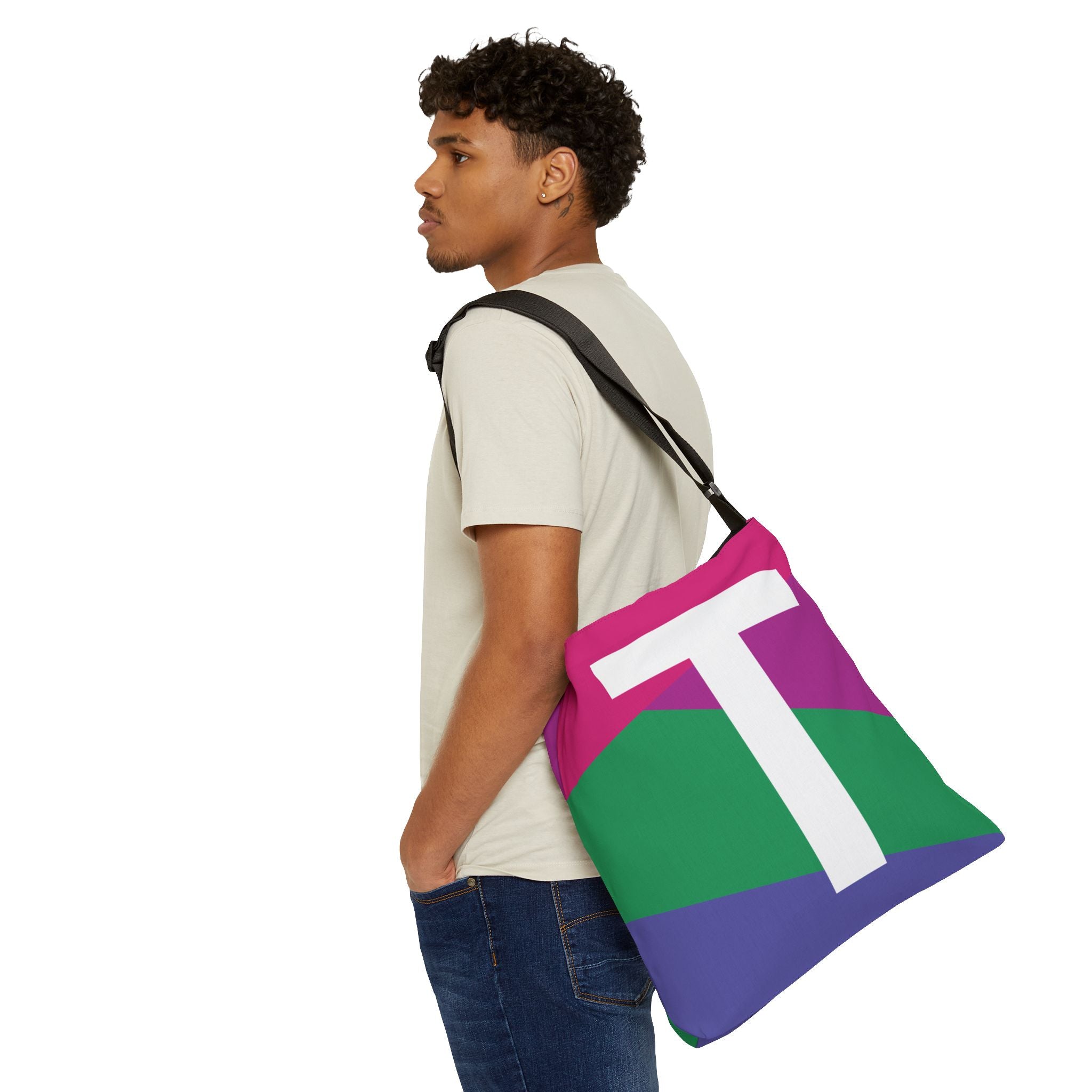 Initial Letter 'T' Colorblock Adjustable Tote Bag — Monogram Alphabet Shoulder Bag