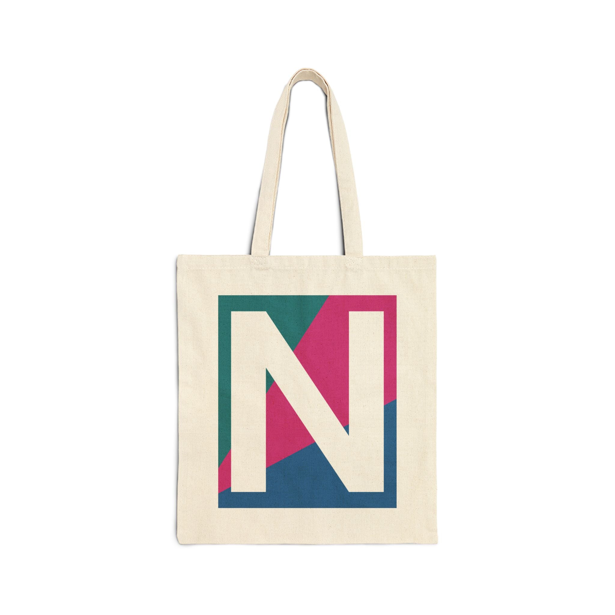 Initial N Colorblock Canvas Tote Bag — Monogram Letter N Reusable Grocery Tote
