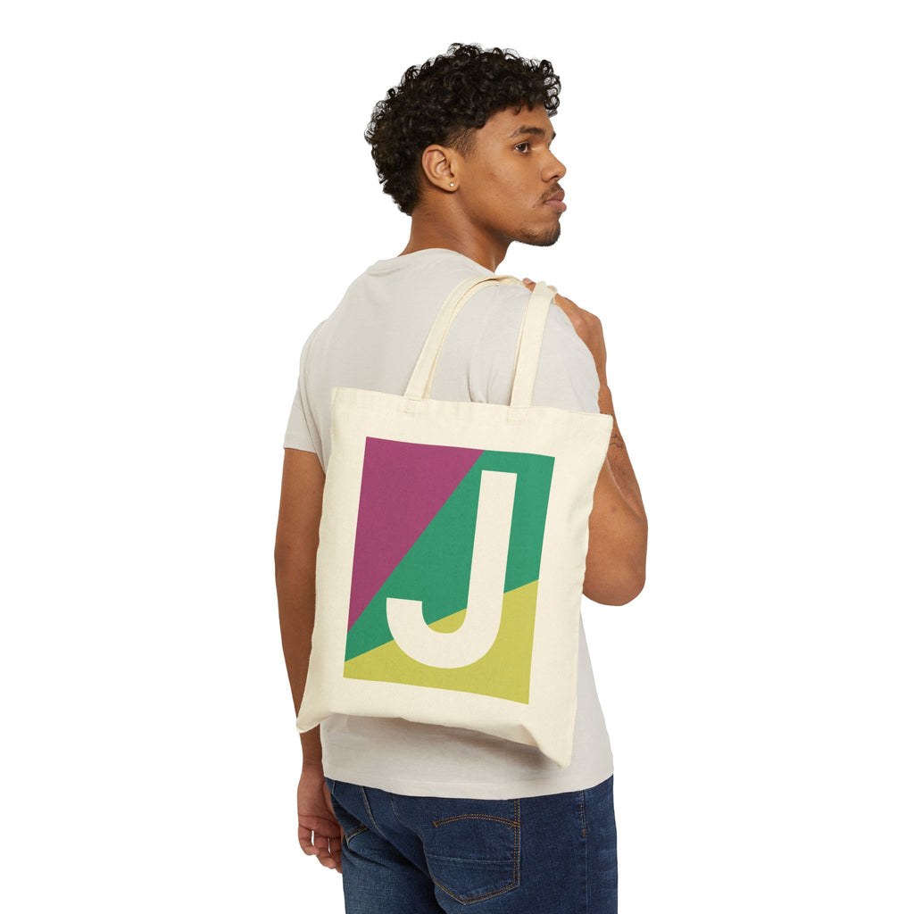 Initial J Colorblock Canvas Tote Bag — Monogram Letter J Reusable Grocery Tote