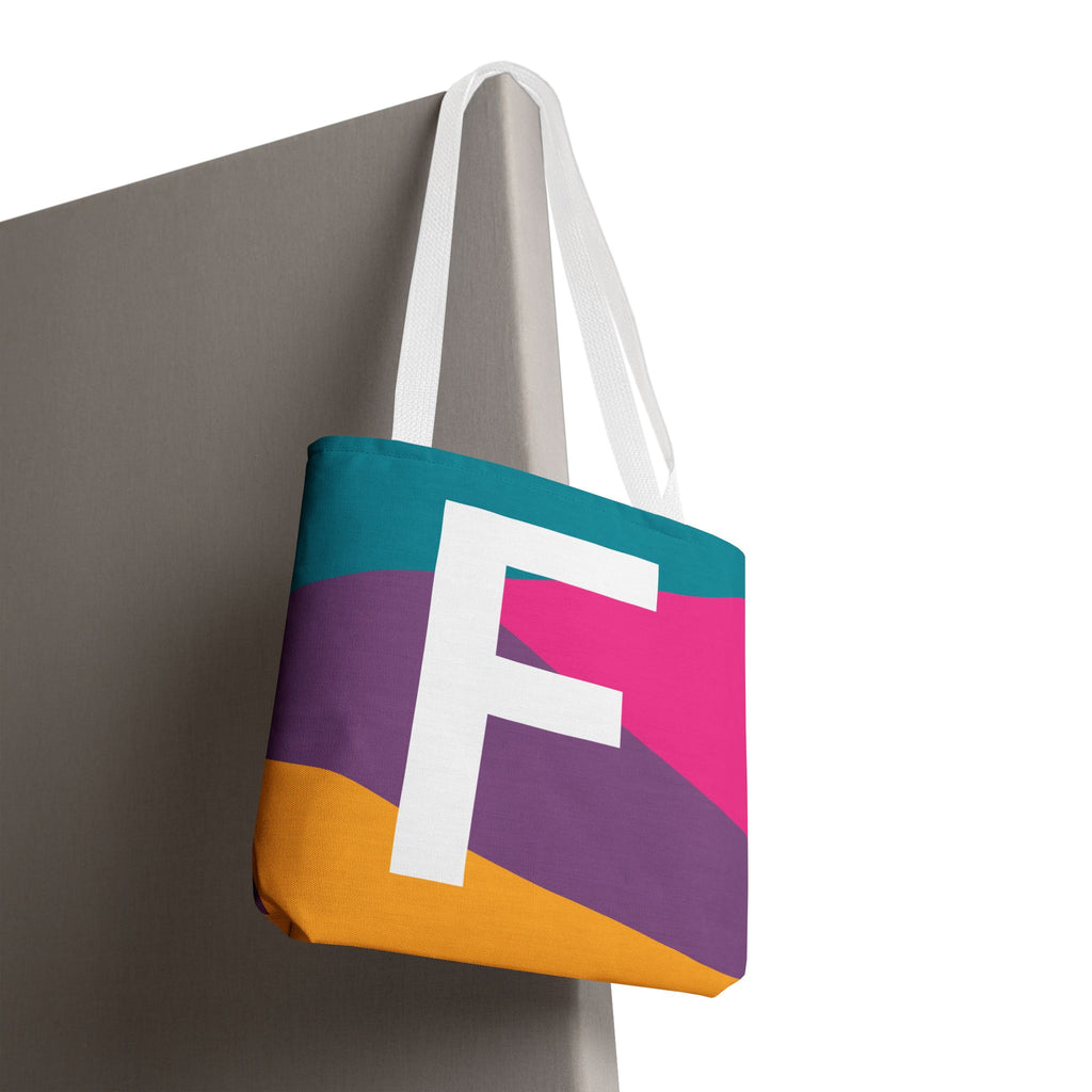 Monogram 'F' Colorblock Tote Bag — Personalized Initial F Shoulder Tote