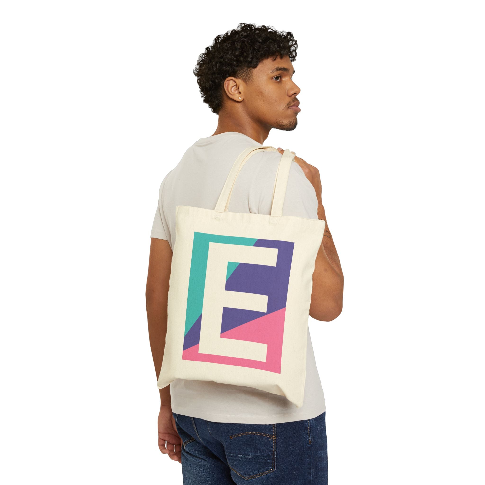 Initial E Colorblock Canvas Tote Bag — Monogram Letter E Reusable Grocery Tote