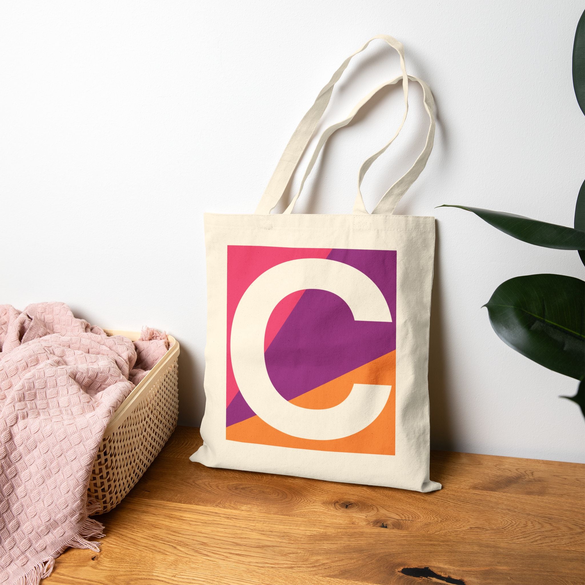 Initial C Colorblock Canvas Tote Bag — Monogram Letter C Reusable Grocery Tote