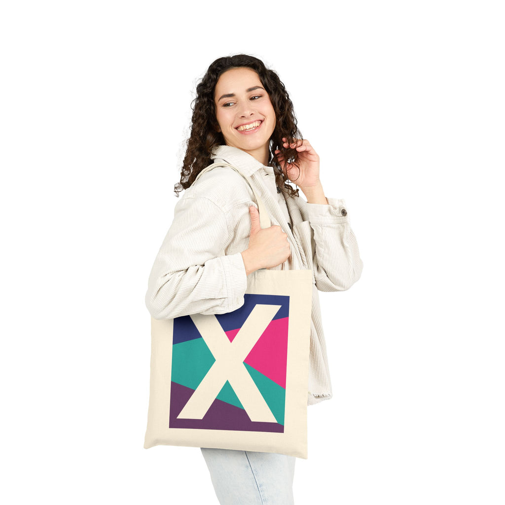 Initial X Colorblock Canvas Tote Bag — Monogram Letter X Reusable Grocery Tote