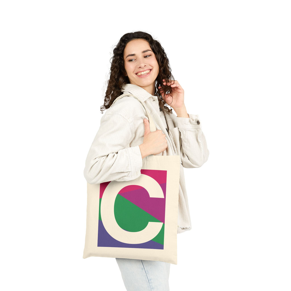 Initial C Colorblock Canvas Tote Bag — Monogram Letter C Reusable Grocery Tote