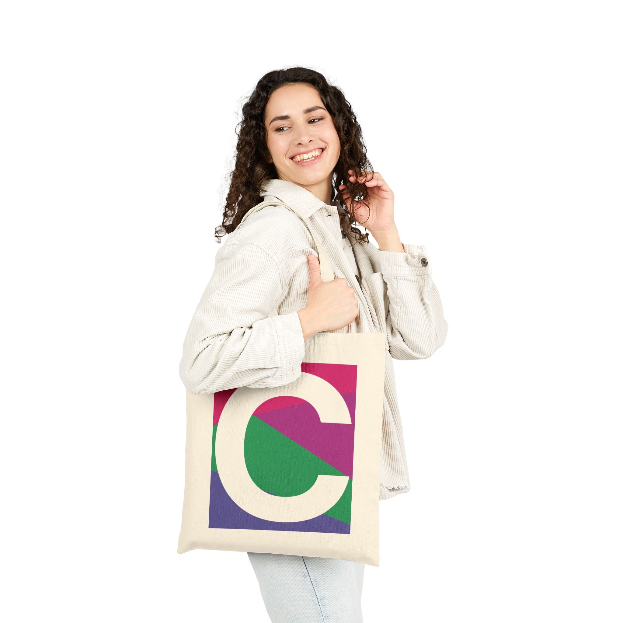 Initial C Colorblock Canvas Tote Bag — Monogram Letter C Reusable Grocery Tote
