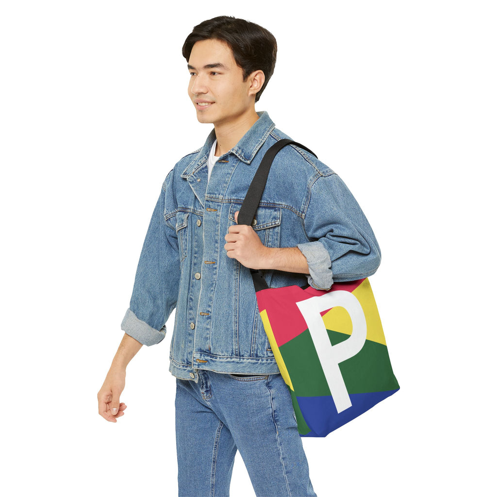 Initial Letter 'P' Colorblock Adjustable Tote Bag — Monogram Alphabet Shoulder Bag