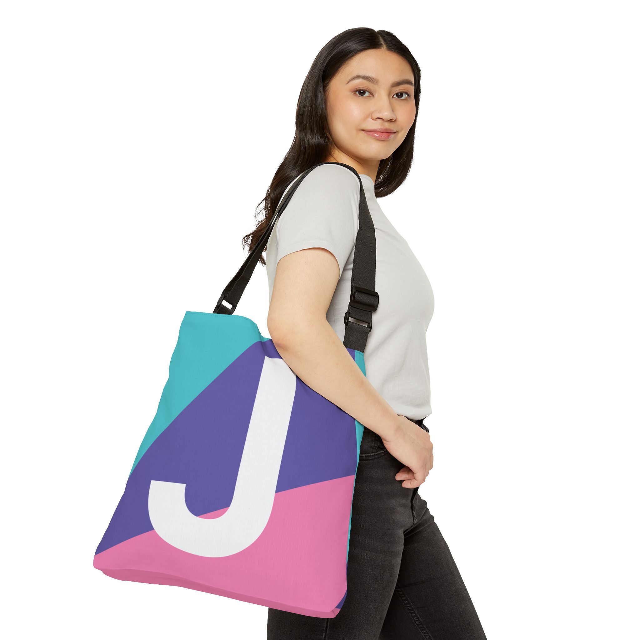 Initial Letter 'J' Colorblock Adjustable Tote Bag — Monogram Alphabet Shoulder Bag