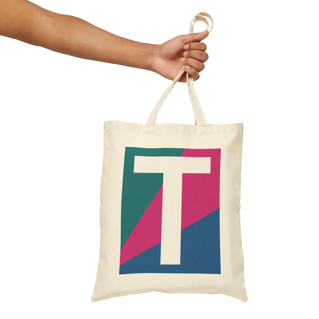 Initial T Colorblock Canvas Tote Bag — Monogram Letter T Reusable Grocery Tote