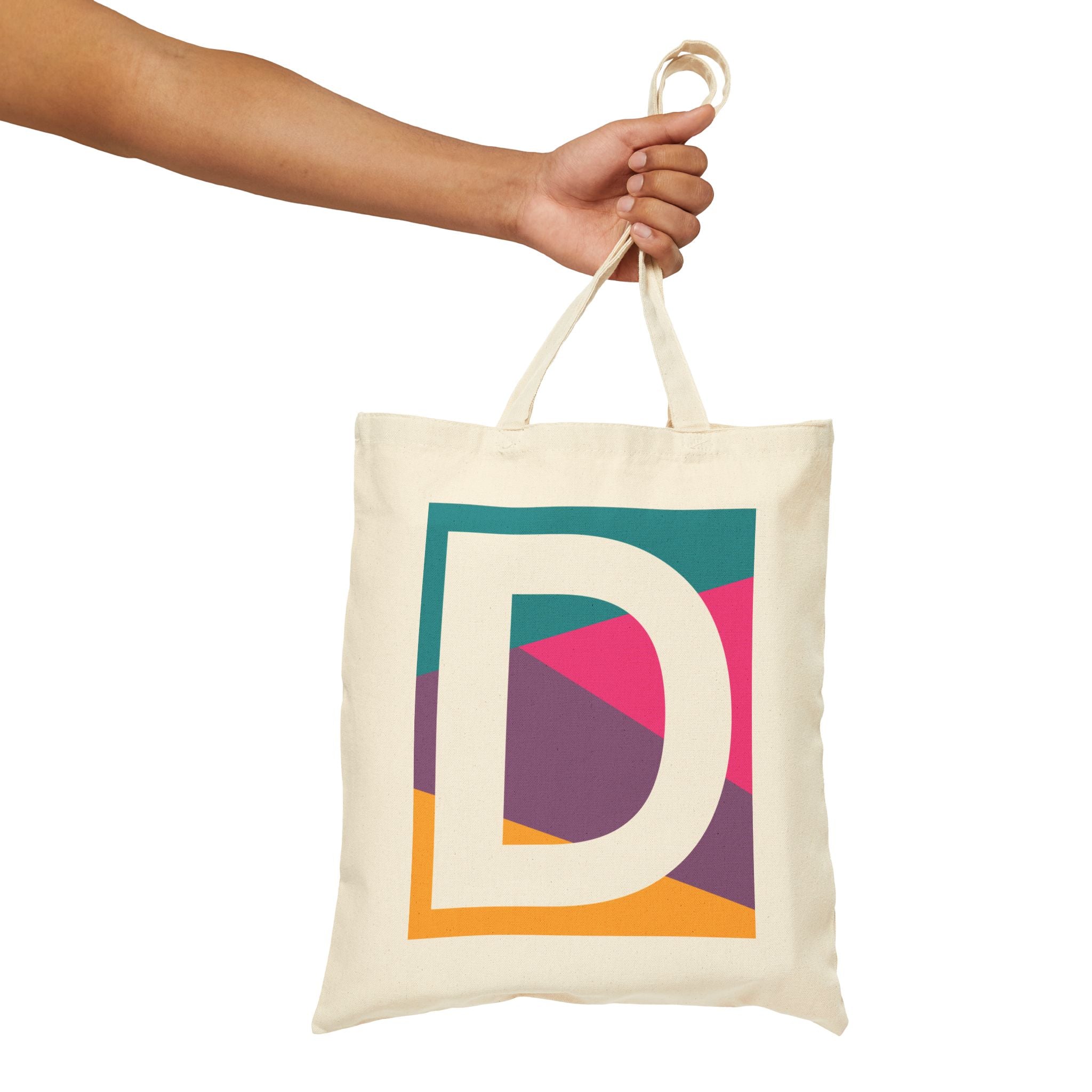 Initial D Colorblock Canvas Tote Bag — Monogram Letter D Reusable Grocery Tote