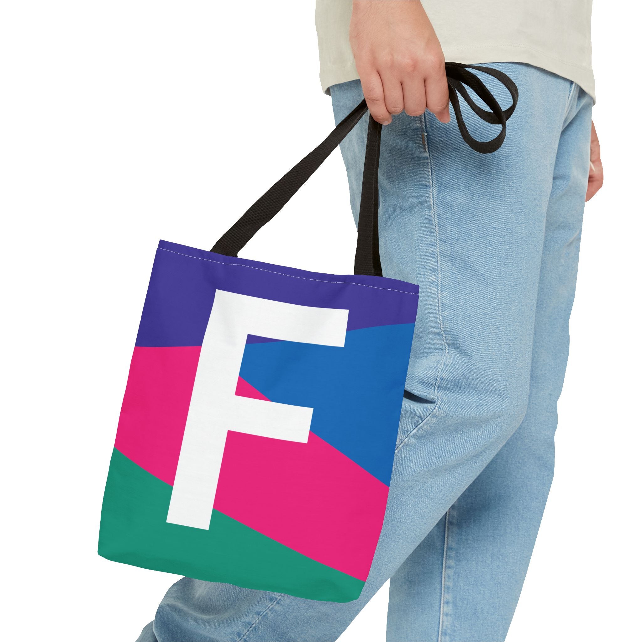 Monogram 'F' Colorblock Tote Bag — Personalized Initial F Shoulder Tote
