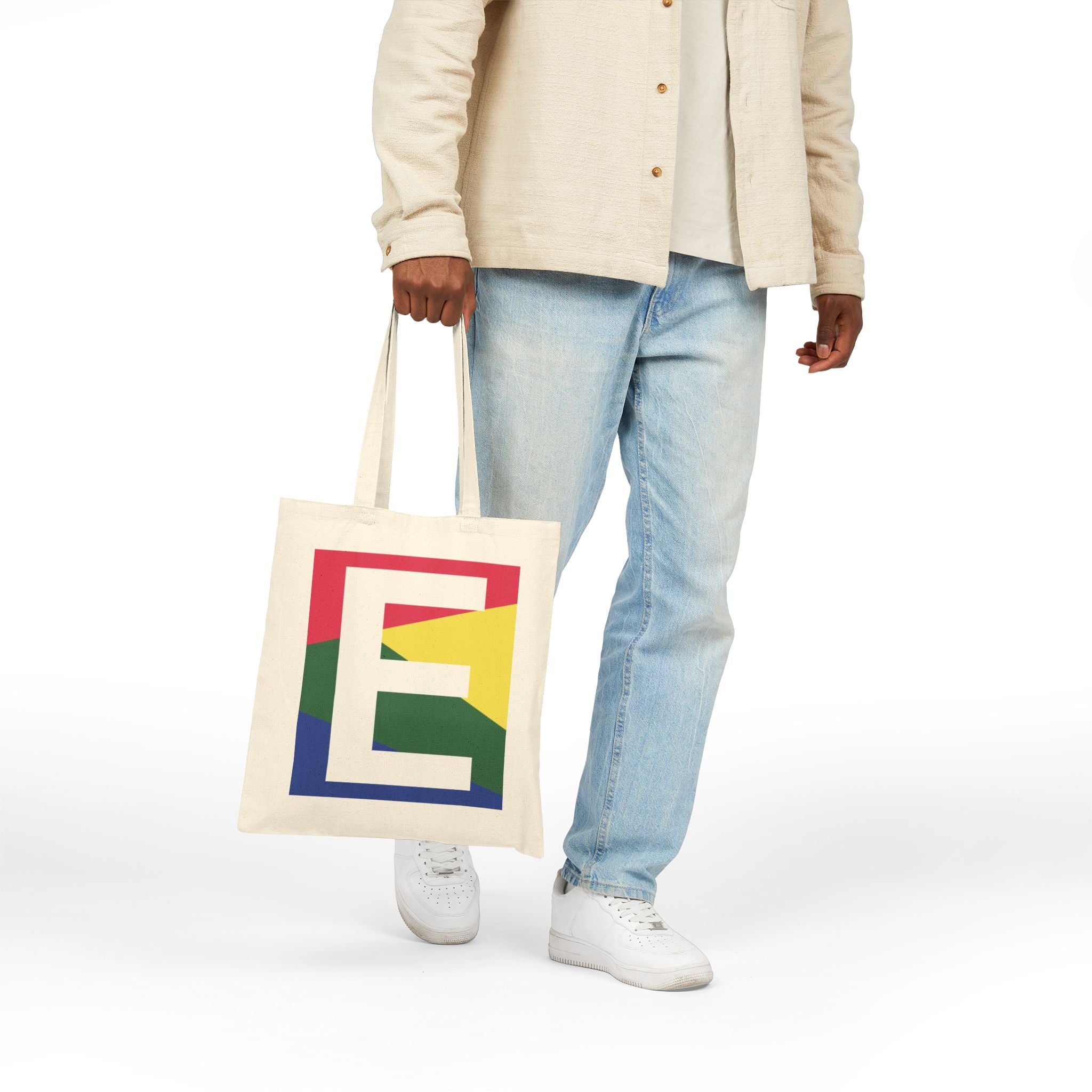 Initial E Colorblock Canvas Tote Bag — Monogram Letter E Reusable Grocery Tote