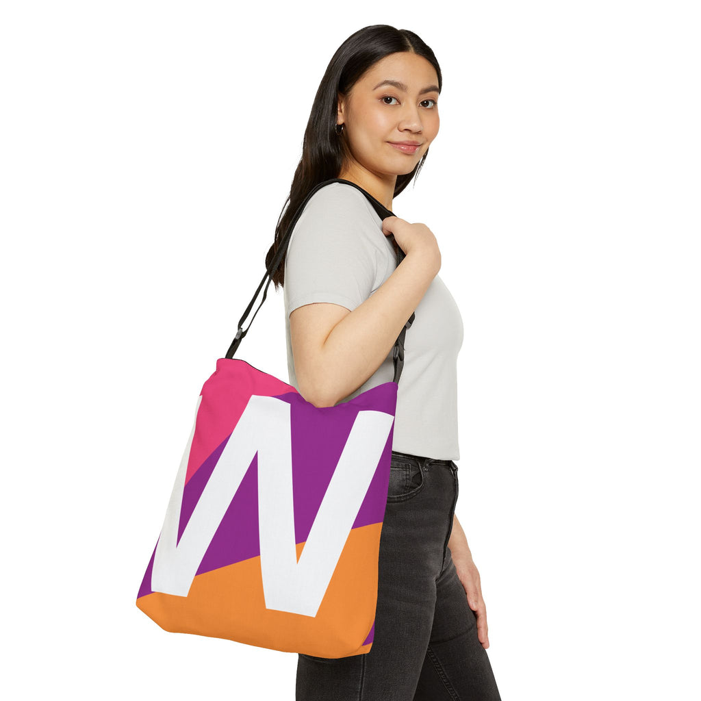 Initial Letter 'W' Colorblock Adjustable Tote Bag — Monogram Alphabet Shoulder Bag