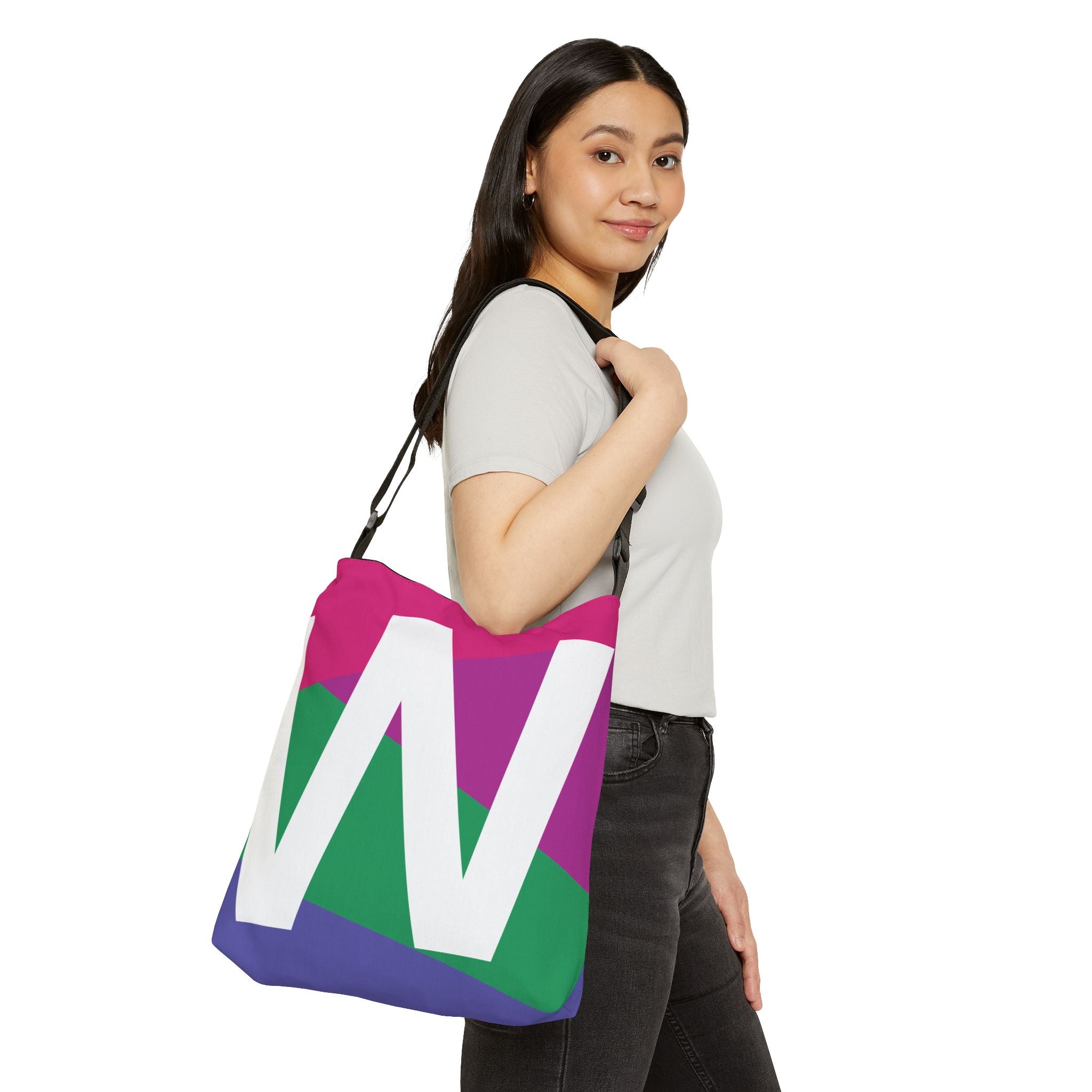 Initial Letter 'W' Colorblock Adjustable Tote Bag — Monogram Alphabet Shoulder Bag