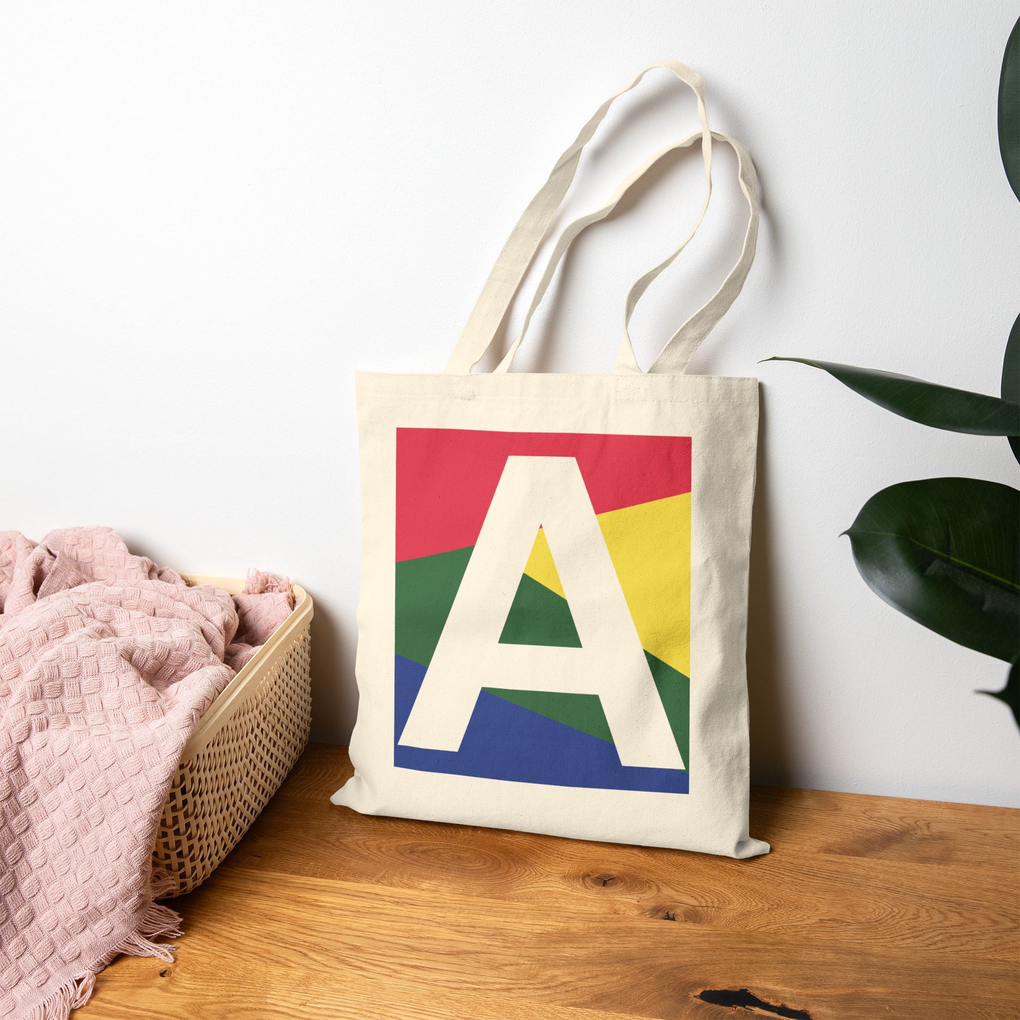 Initial A Colorblock Canvas Tote Bag — Monogram Letter A Reusable Grocery Tote