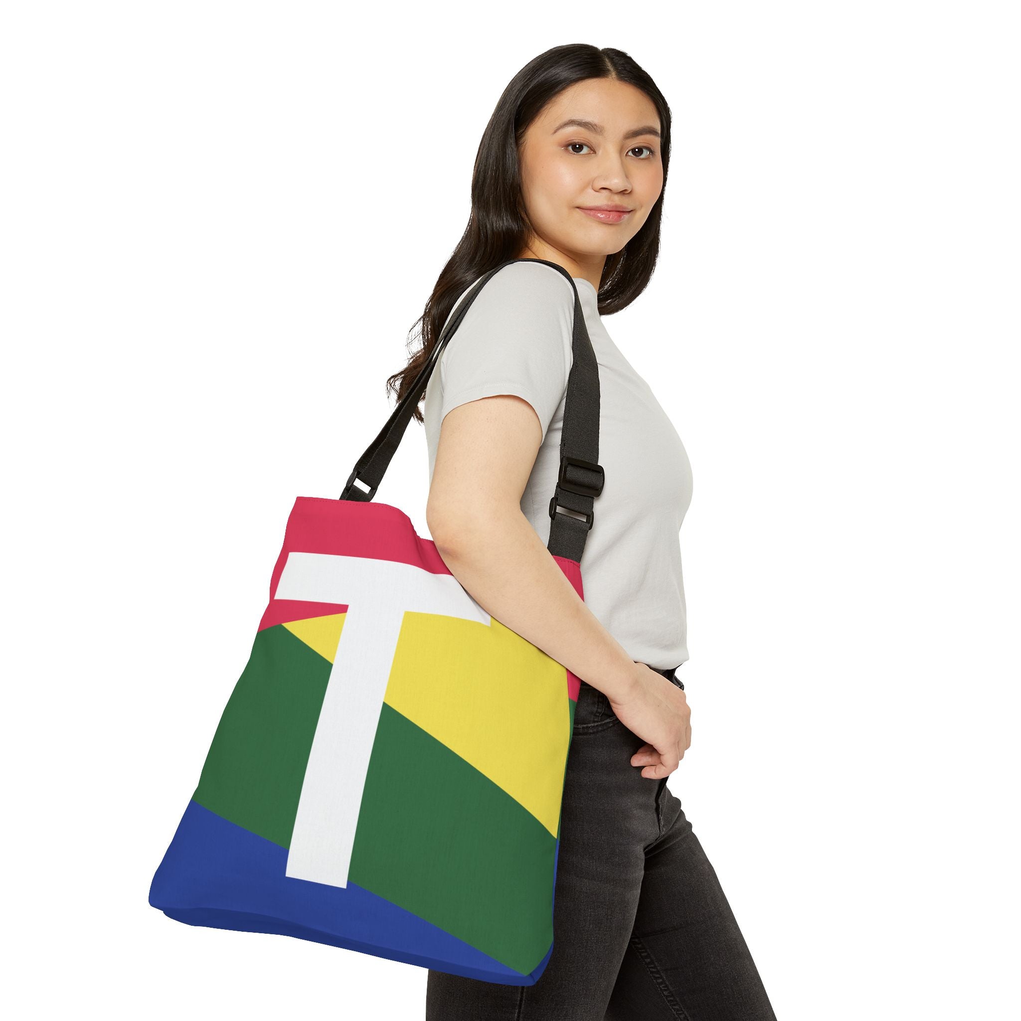 Initial Letter 'T' Colorblock Adjustable Tote Bag — Monogram Alphabet Shoulder Bag