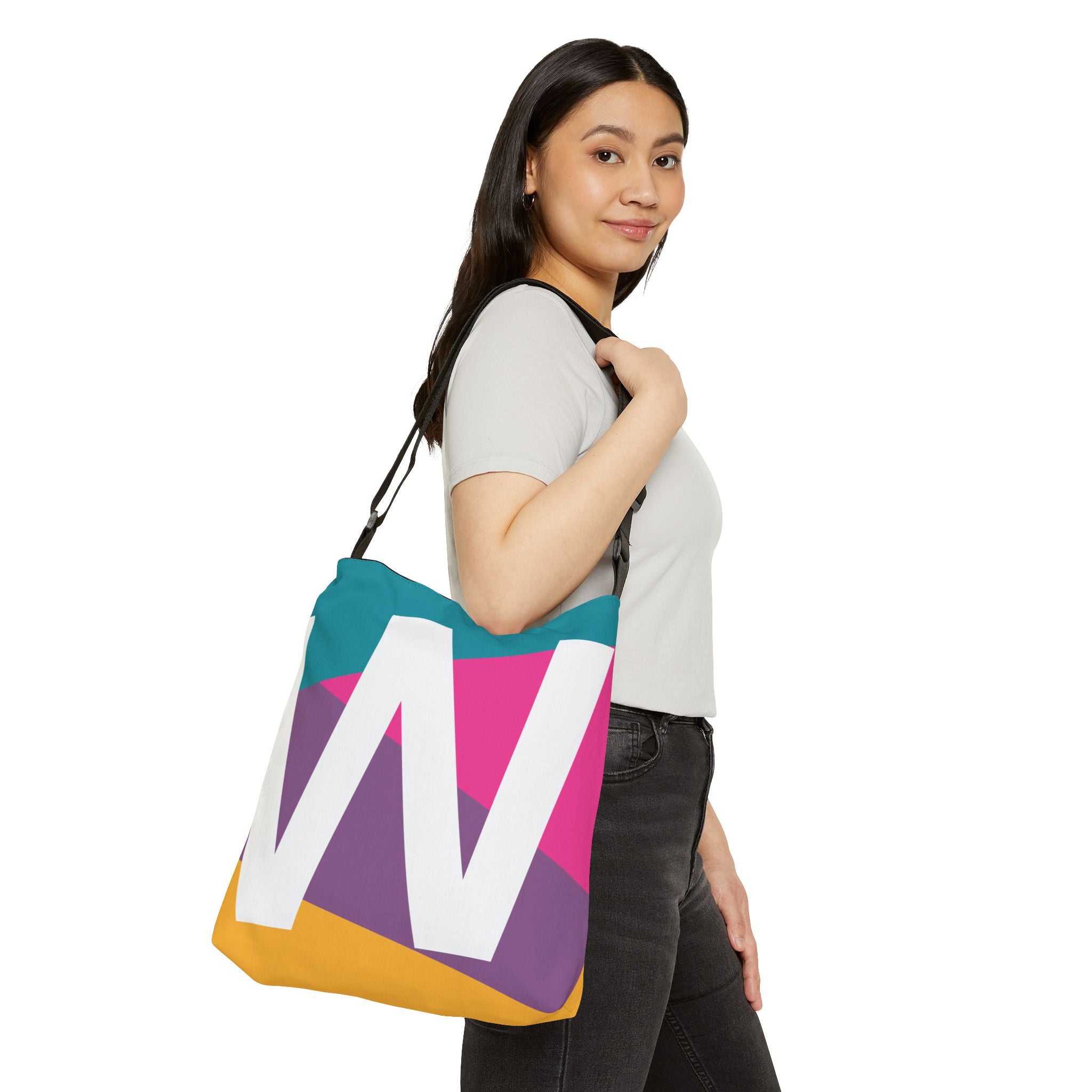 Initial Letter 'W' Colorblock Adjustable Tote Bag — Monogram Alphabet Shoulder Bag