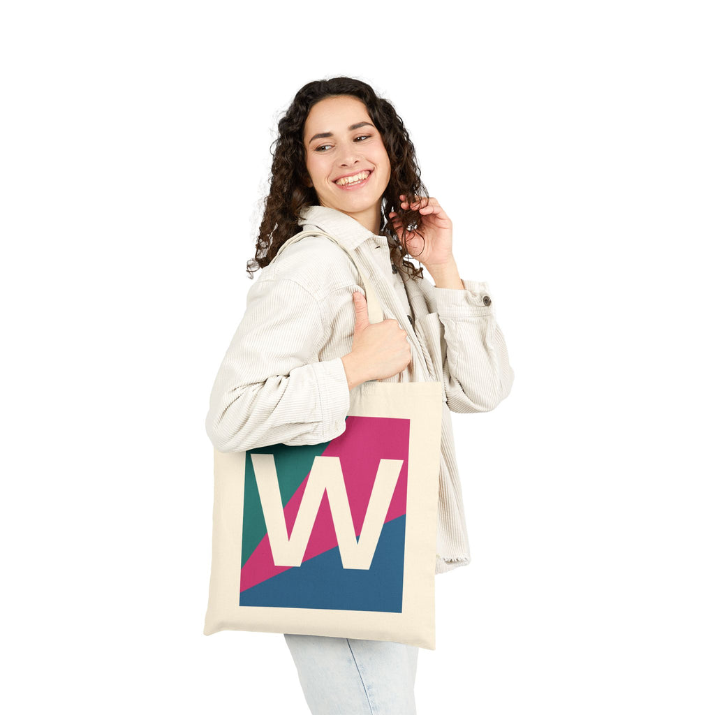 Initial W Colorblock Canvas Tote Bag — Monogram Letter W Reusable Grocery Tote