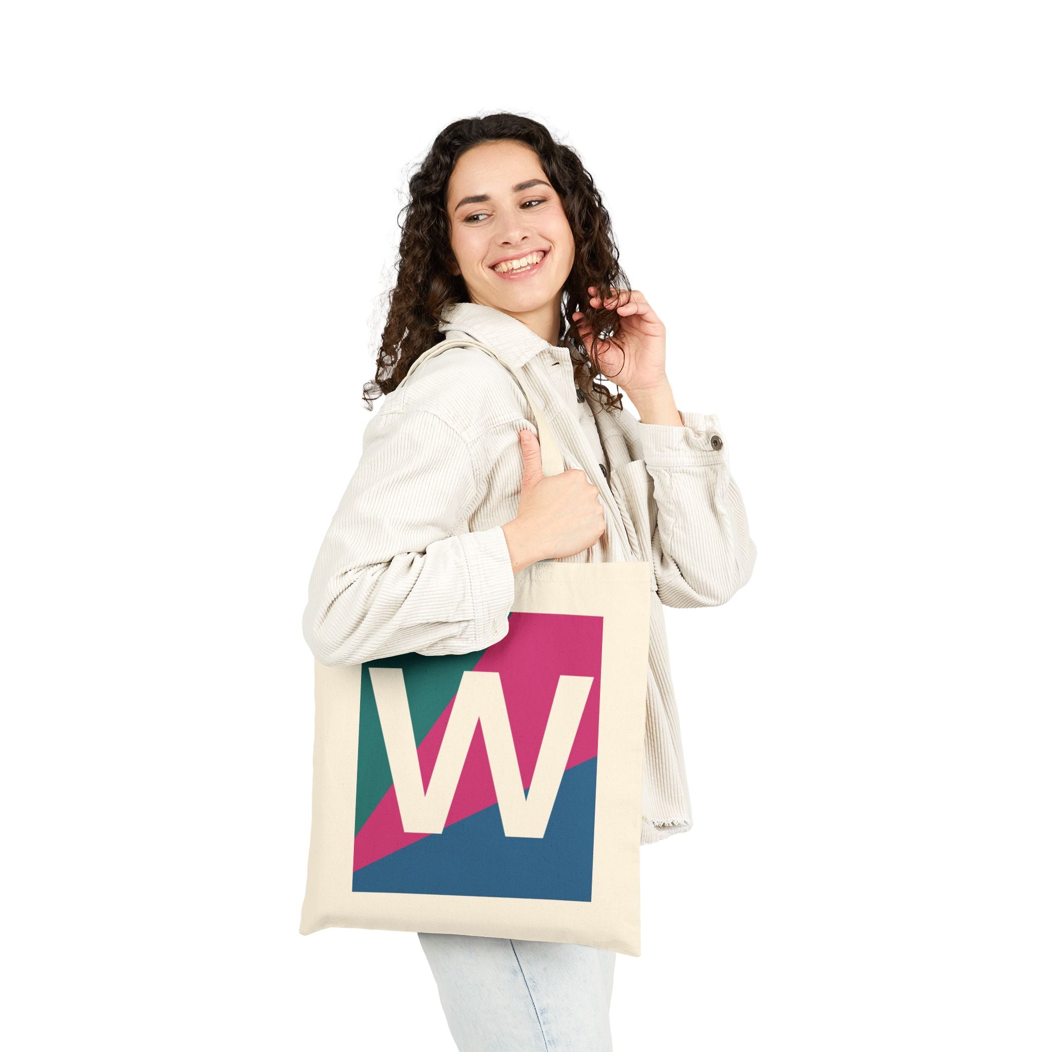 Initial W Colorblock Canvas Tote Bag — Monogram Letter W Reusable Grocery Tote