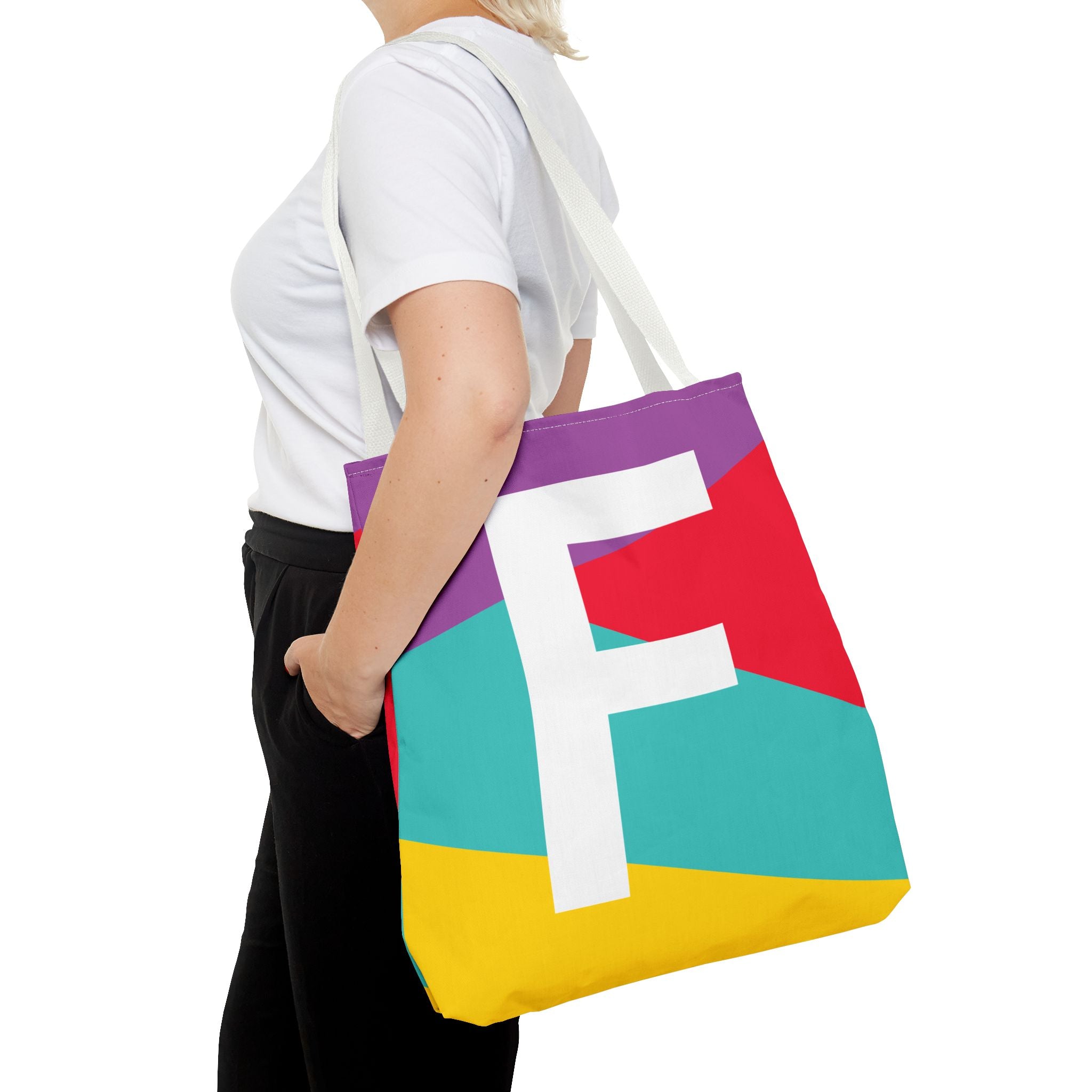 Monogram 'F' Colorblock Tote Bag — Personalized Initial F Shoulder Tote