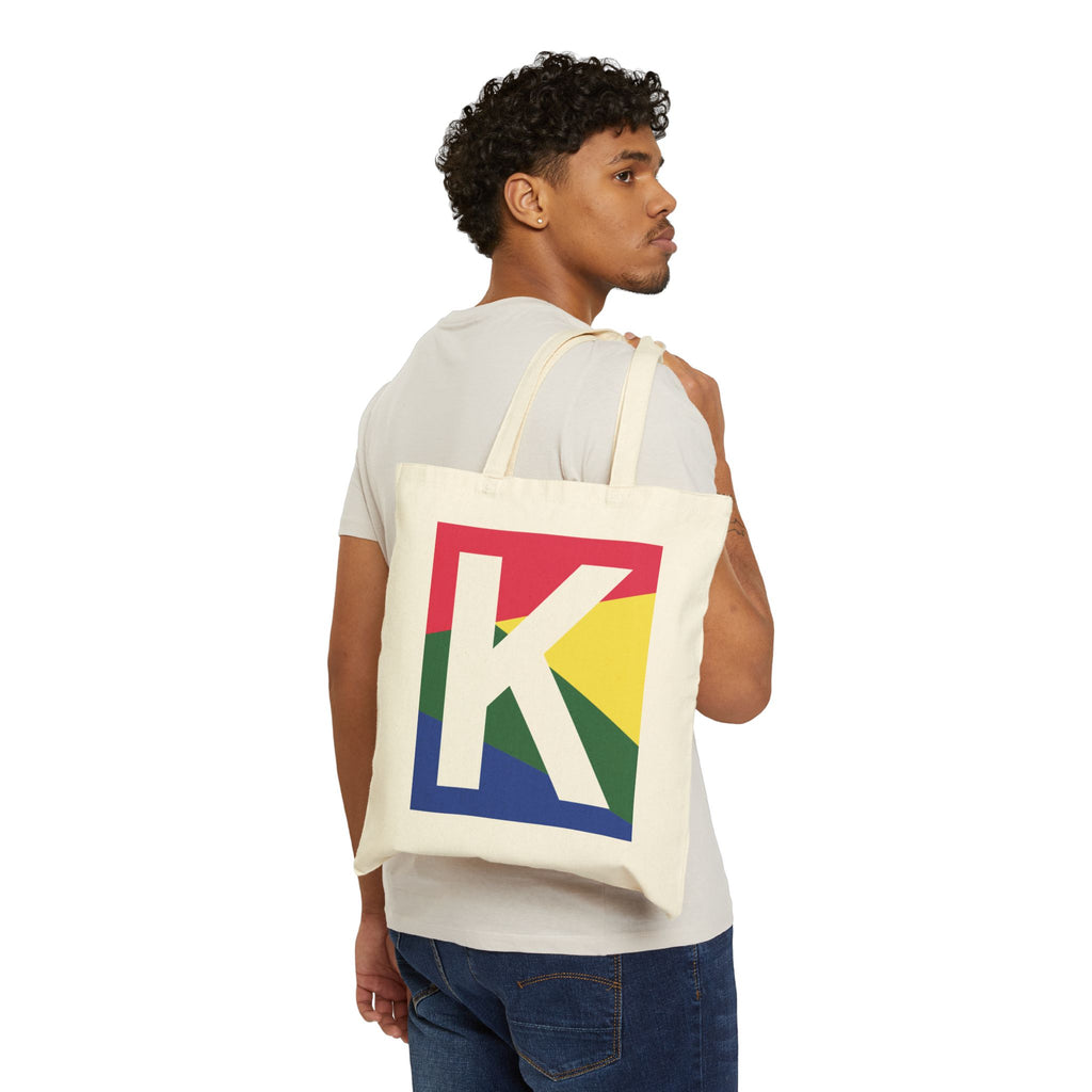 Initial K Colorblock Canvas Tote Bag — Monogram Letter K Reusable Grocery Tote