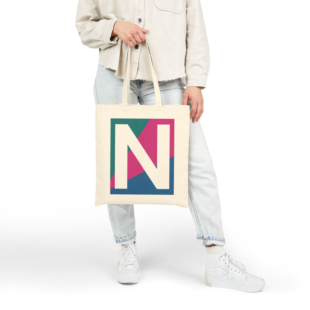 Initial N Colorblock Canvas Tote Bag — Monogram Letter N Reusable Grocery Tote