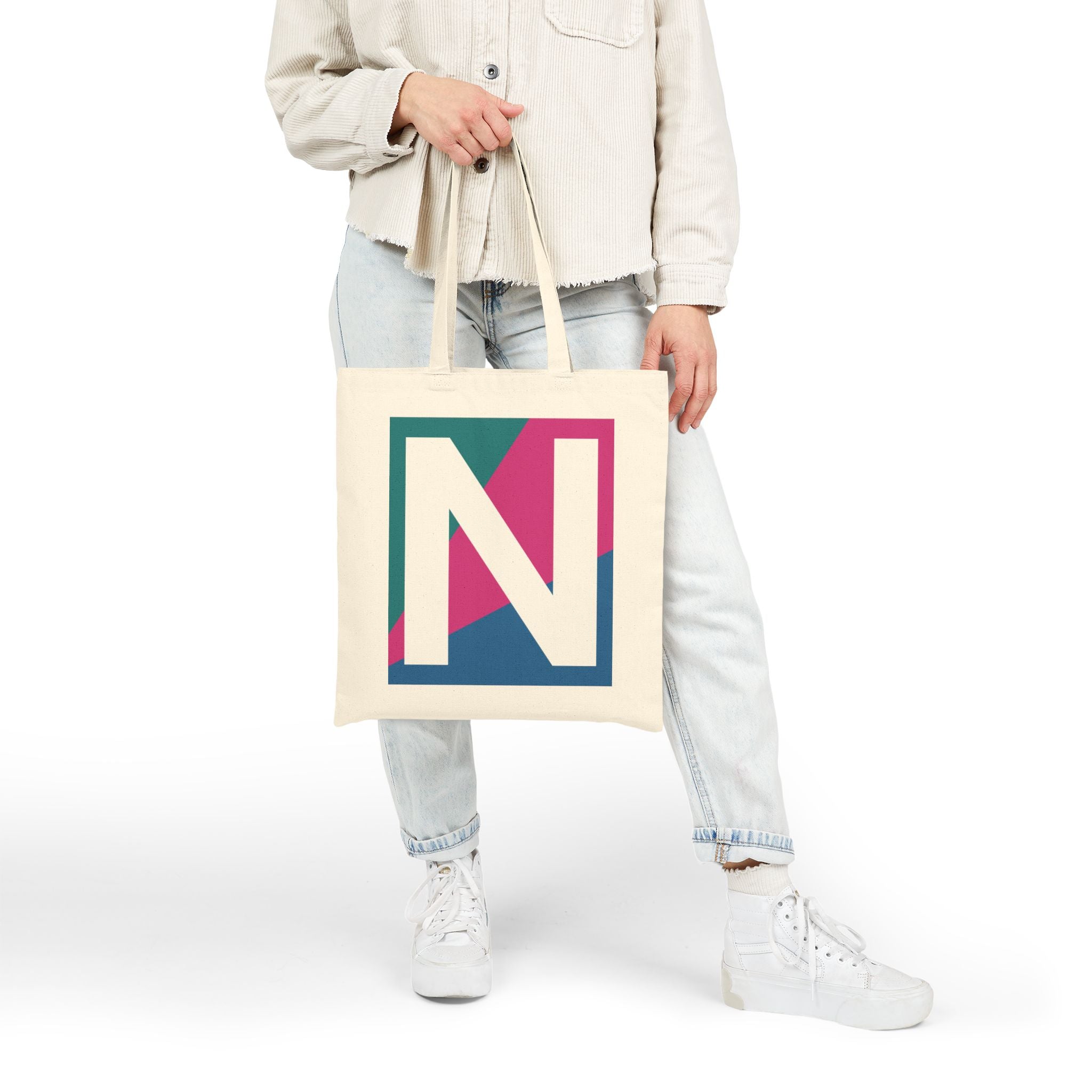Initial N Colorblock Canvas Tote Bag — Monogram Letter N Reusable Grocery Tote