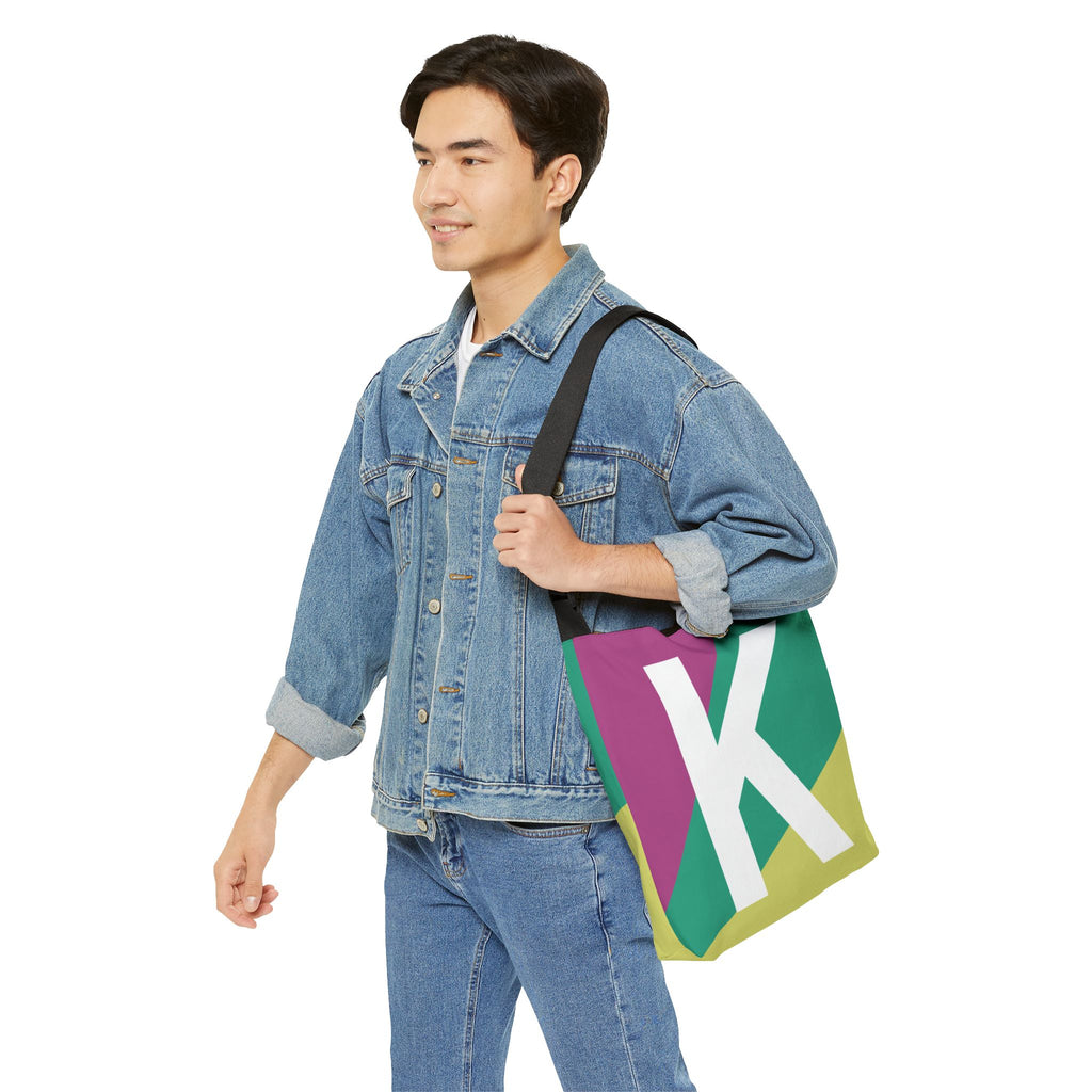 Initial Letter 'K' Colorblock Adjustable Tote Bag — Monogram Alphabet Shoulder Bag