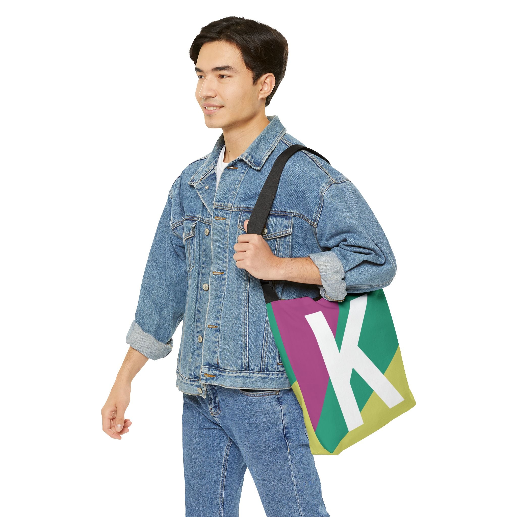 Initial Letter 'K' Colorblock Adjustable Tote Bag — Monogram Alphabet Shoulder Bag